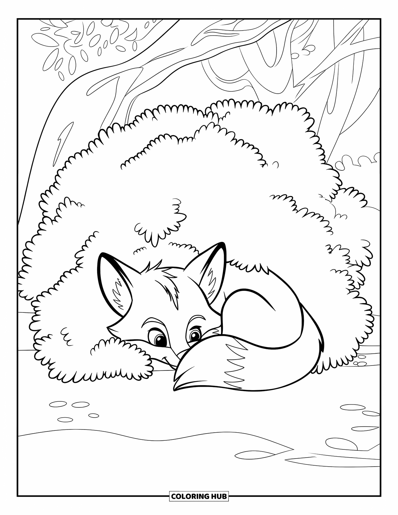 Baby Fox Coloring Page for Kids: A curled-up baby fox rests under a bush with soft branches above