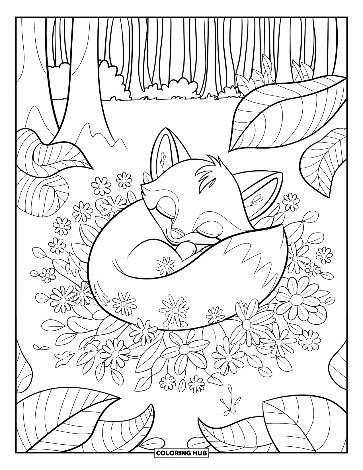 Baby Fox Coloring Page for Kids: A fox curls up on blooming flowers with swirling leaves and tall forest trees