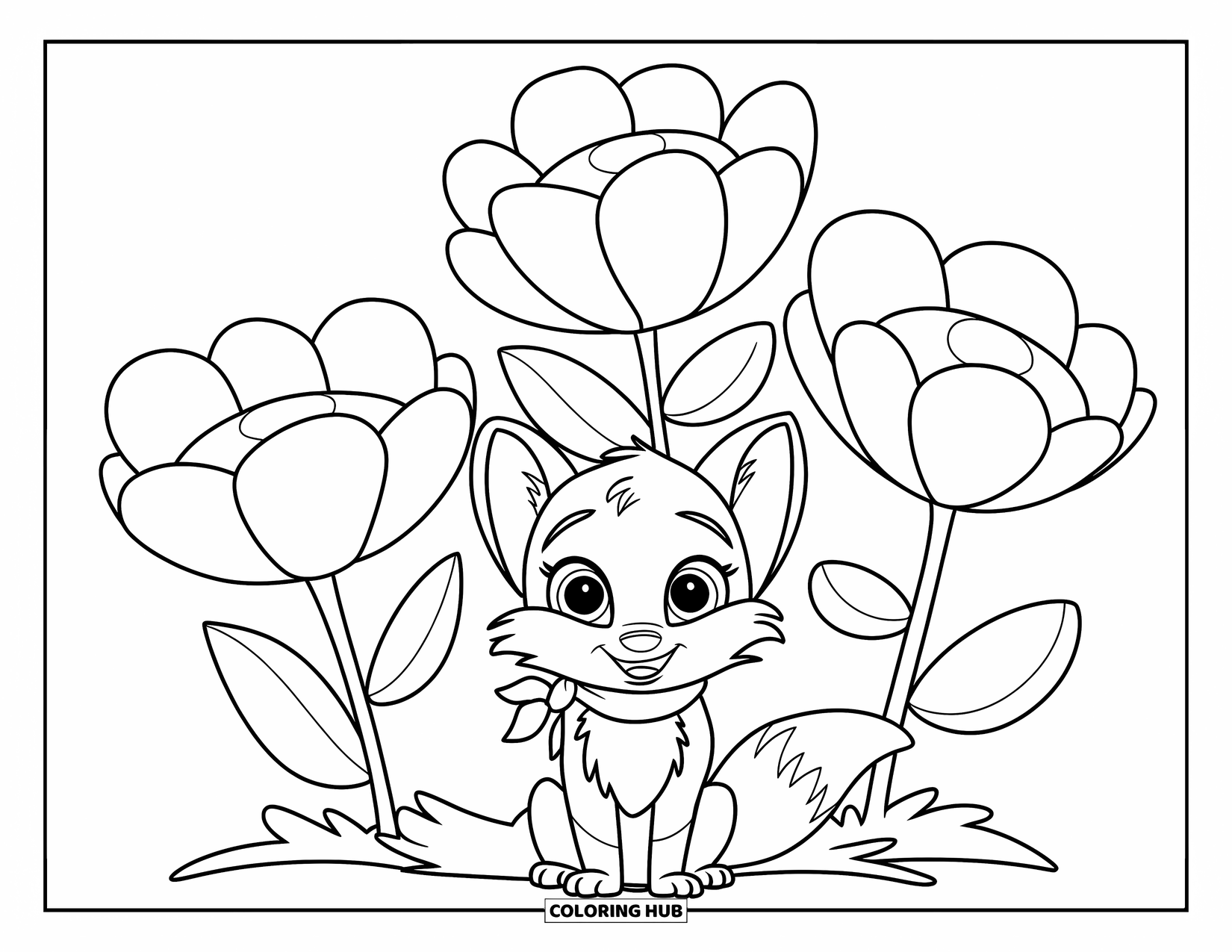 Baby Fox Coloring Page for Kids: A fox wearing a scarf sits among three heart-petaled flowers in a simple scene