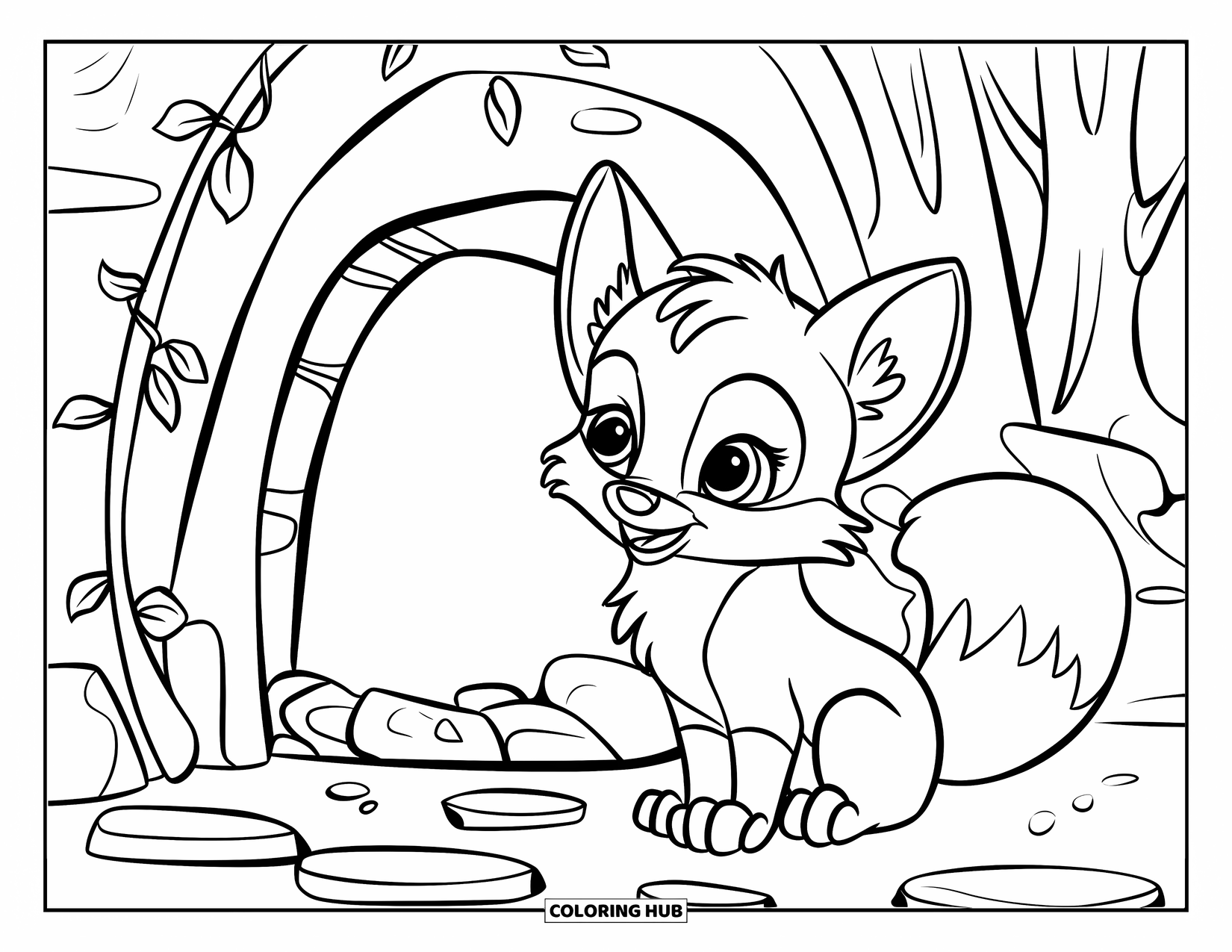 Baby Fox Coloring Page for Kids: A little fox rests near a cozy den entrance made of vines and stones