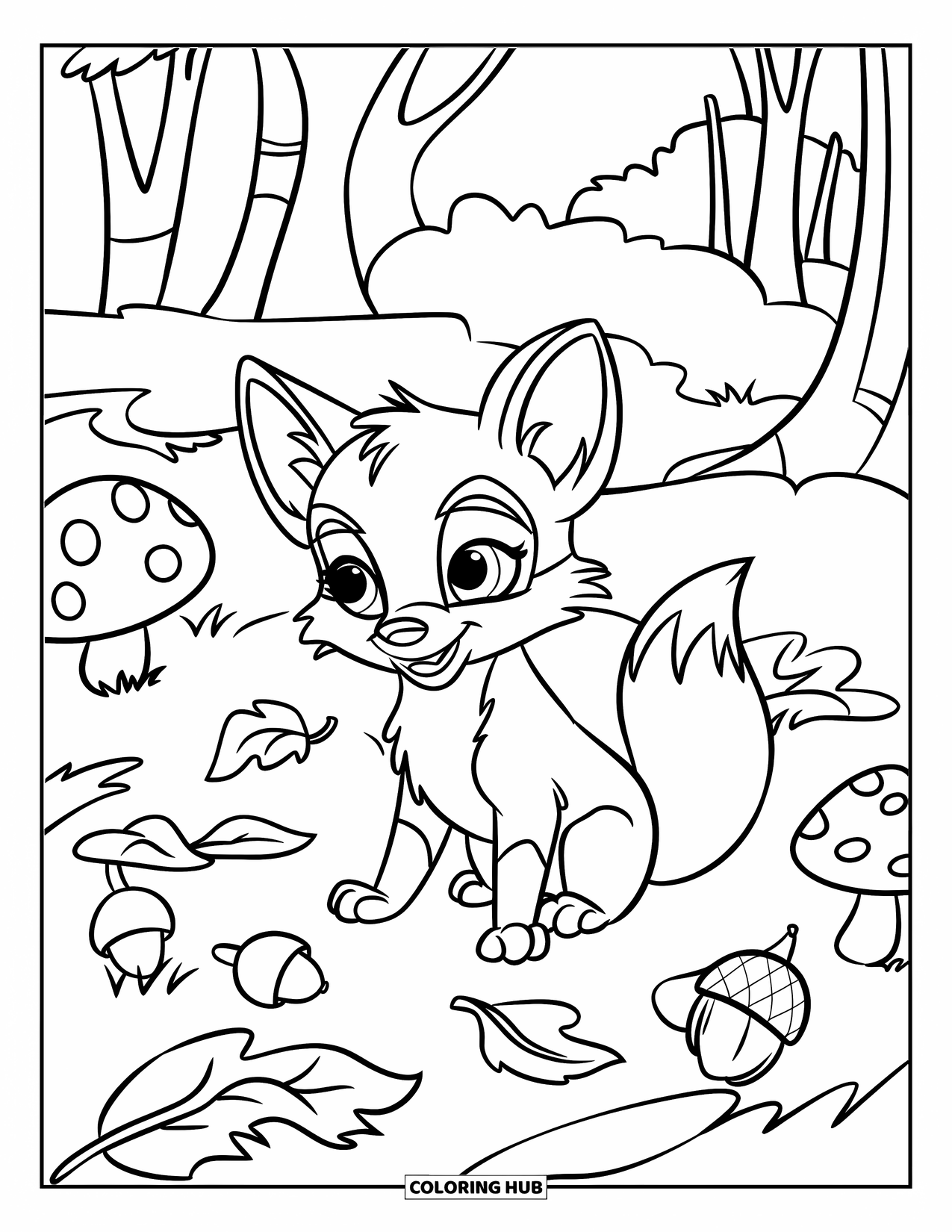 Baby Fox Coloring Page for Kids: A little fox sits quietly in a leafy forest clearing with mushrooms and acorns