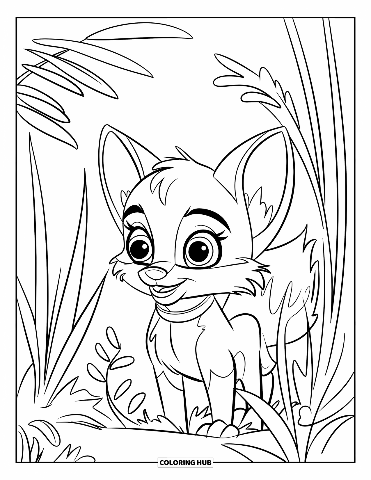 Baby Fox Coloring Page for Kids: A little fox with a collar peeks out from grass and leafy plants