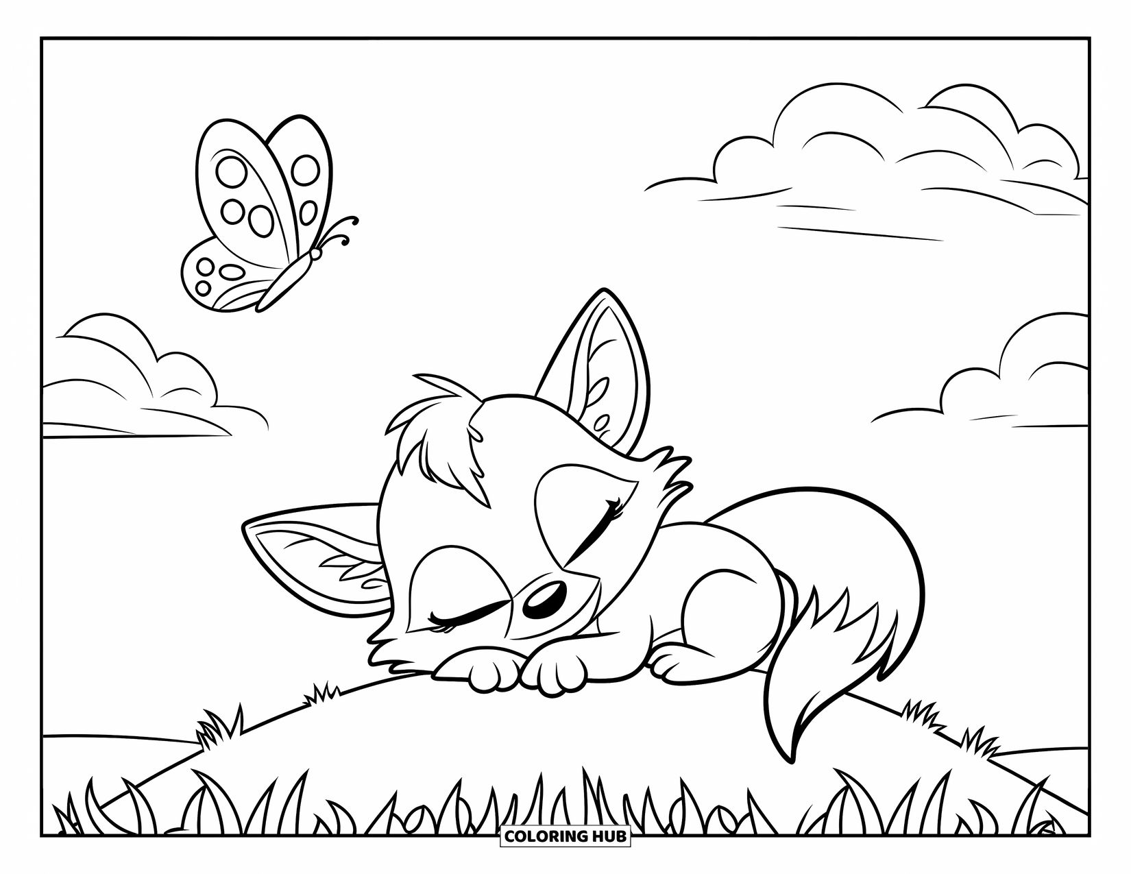 Baby Fox Coloring Page for Kids: A peaceful baby fox rests on a soft hill beneath a calm, cloudy sky