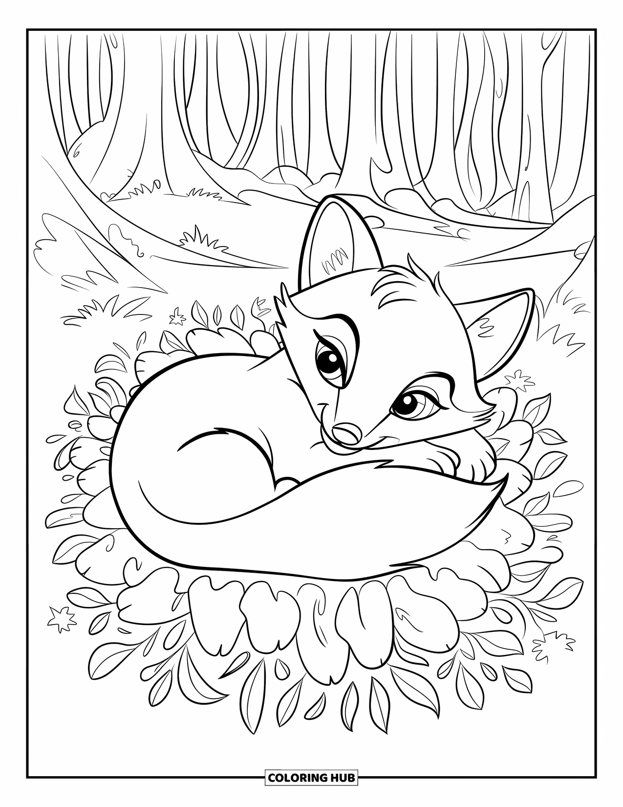 Baby Fox Coloring Page for Kids: A peaceful fox naps on forest blooms surrounded by swirling leaves and trees
