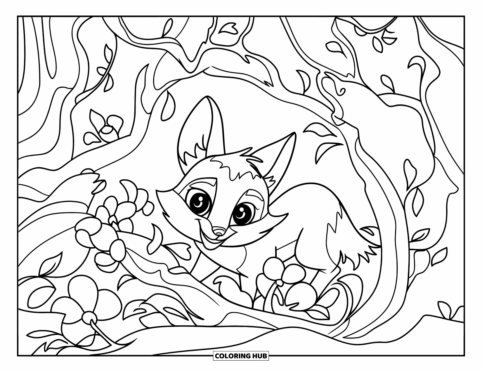 Baby Fox Coloring Page for Kids: A quiet little fox hides in twisting branches and flowers deep in the forest
