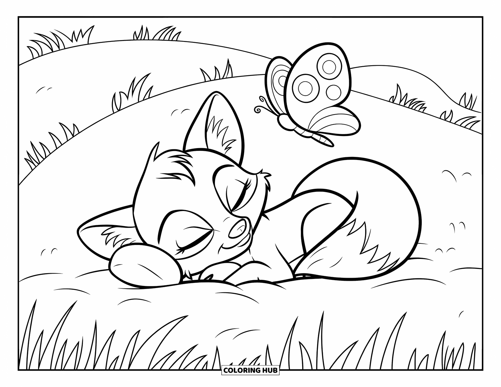 Baby Fox Coloring Page for Kids: A sleepy baby fox lies on a grassy hill while a butterfly hovers above