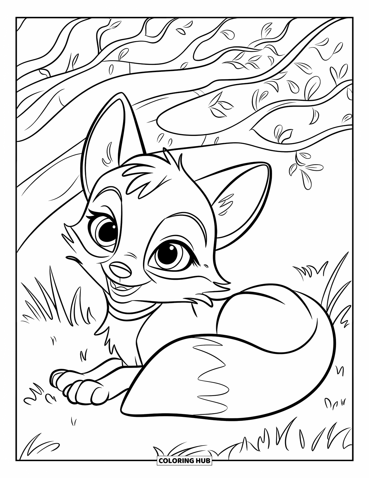 Baby Fox Coloring Page for Kids: A sleepy baby fox with a collar snuggles under a leafy bush