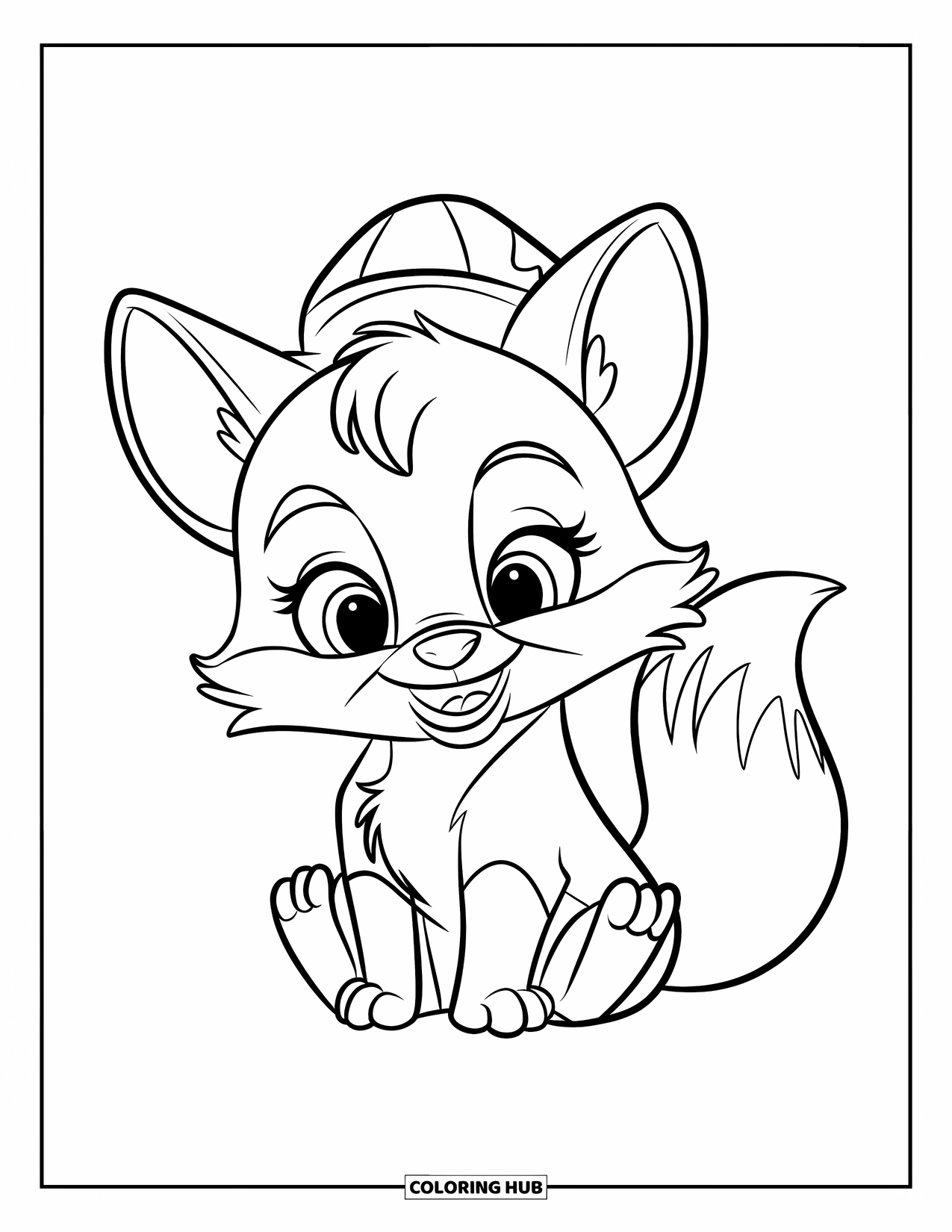 Baby Fox Coloring Page for Kids: A smiling baby fox sits with its tail curled and a tiny hat on its head
