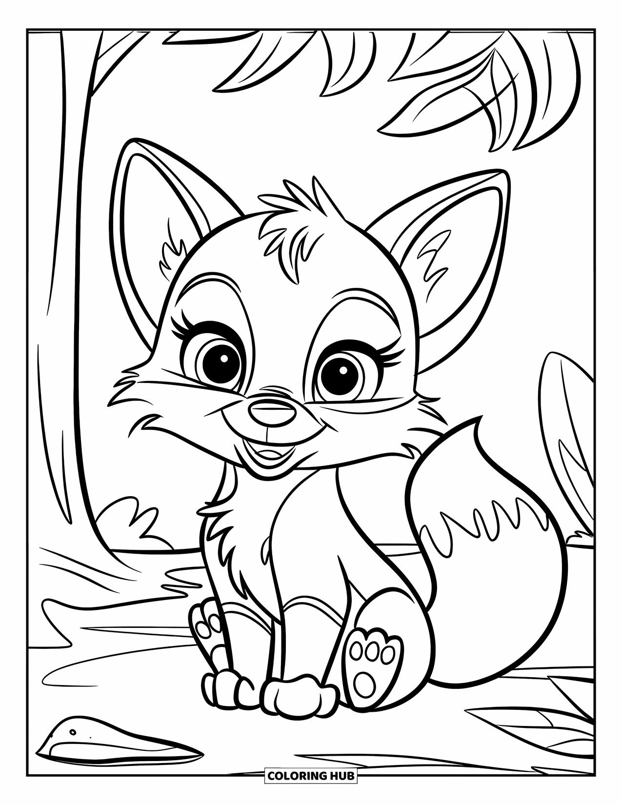 Baby Fox Coloring Page for Kids: A smiling fox with a curled tail sits near leaves and a small rock