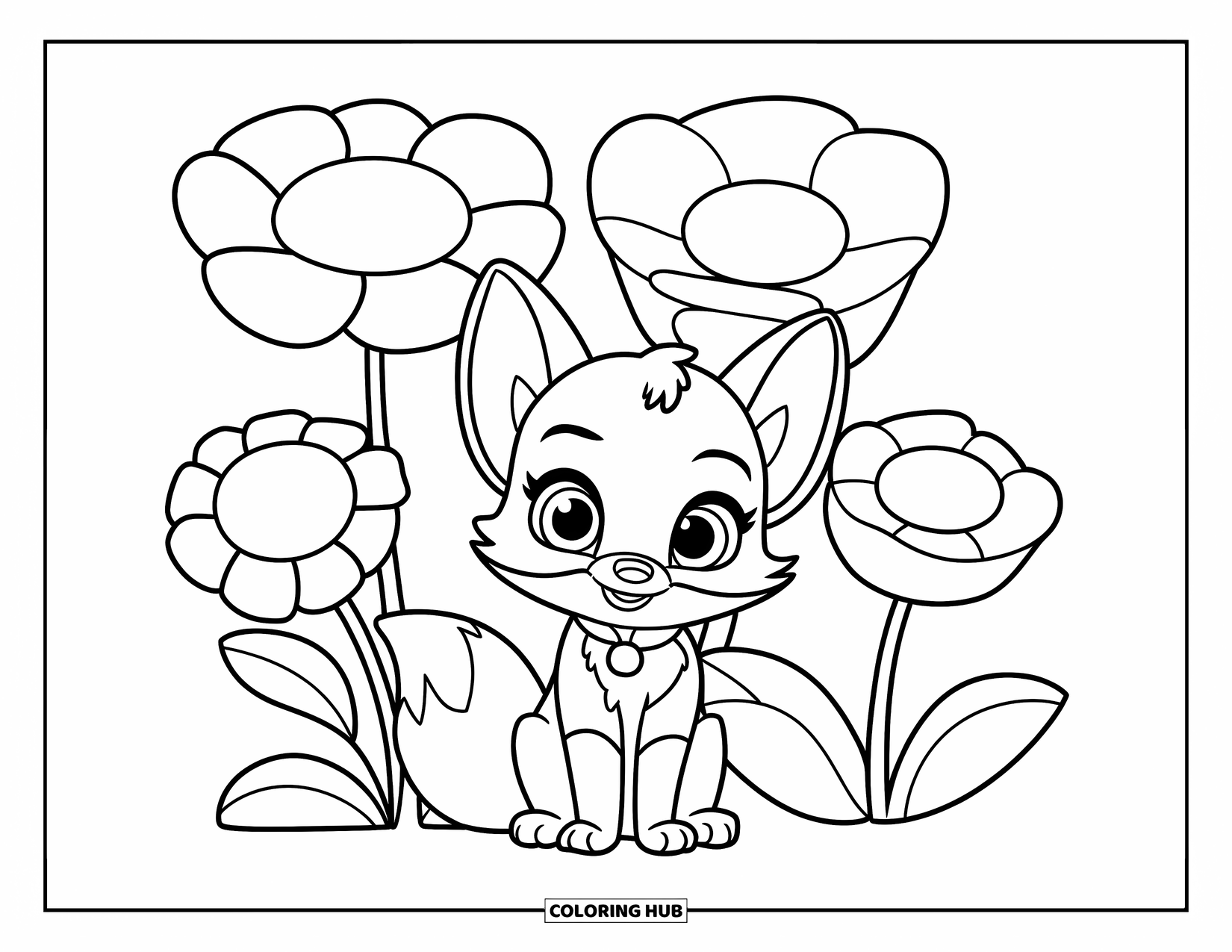 Baby Fox Coloring Page for Kids: A sweet baby fox with big eyes sits beside three oversized flowers
