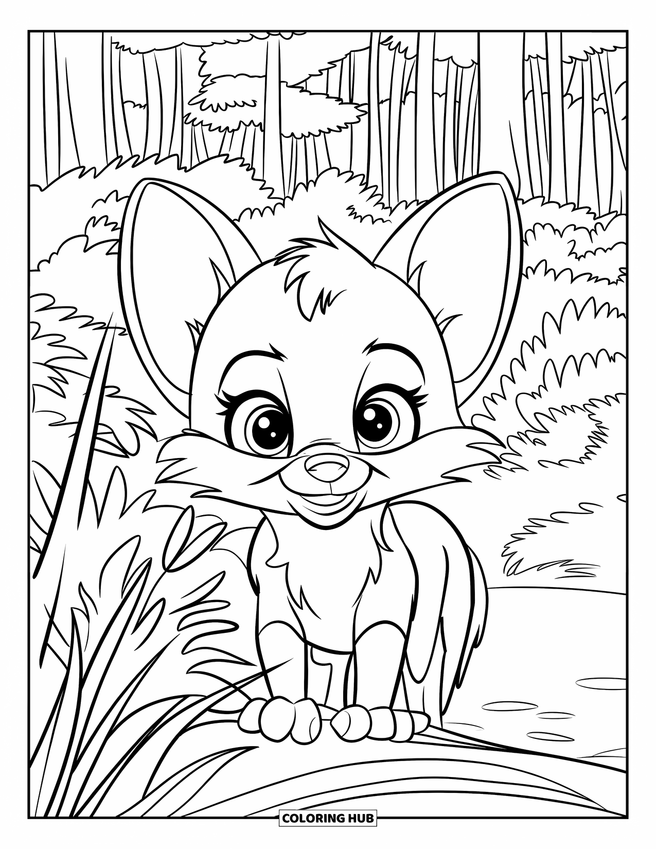 Baby Fox Coloring Page for Kids: A wide-eyed baby fox peeks through tall grass in a dense forest
