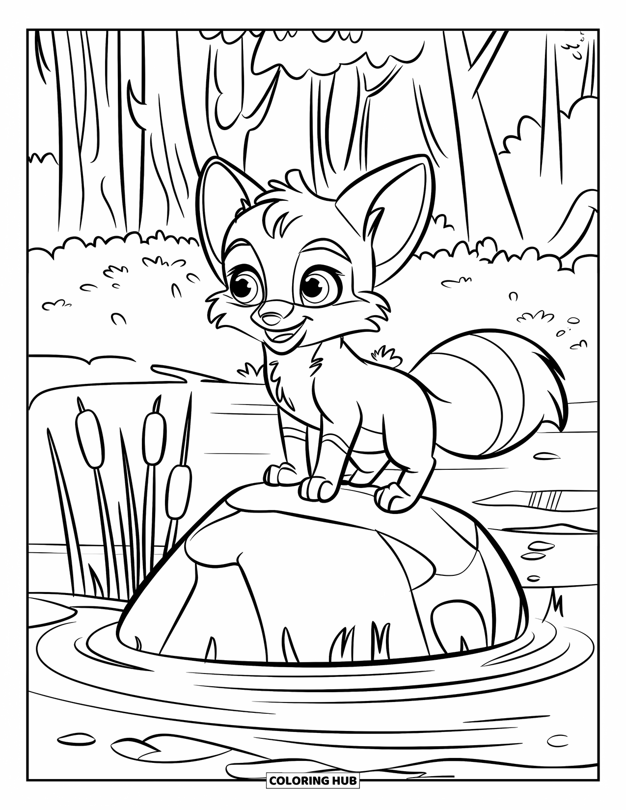 Baby Fox Coloring Page for Kids: A wide-eyed baby fox sits on a rock surrounded by water and cattails