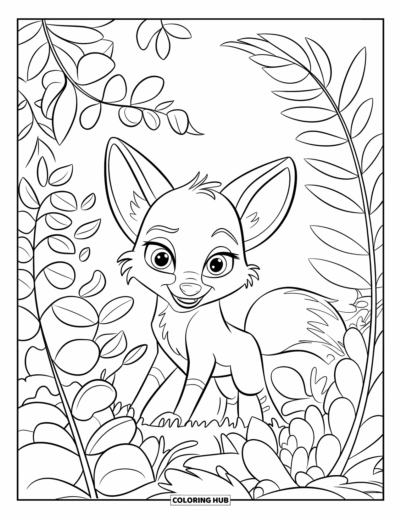 Baby Fox Coloring Page for Kids: A wide-eyed fox peeks through big leaves and blooming plants in the forest