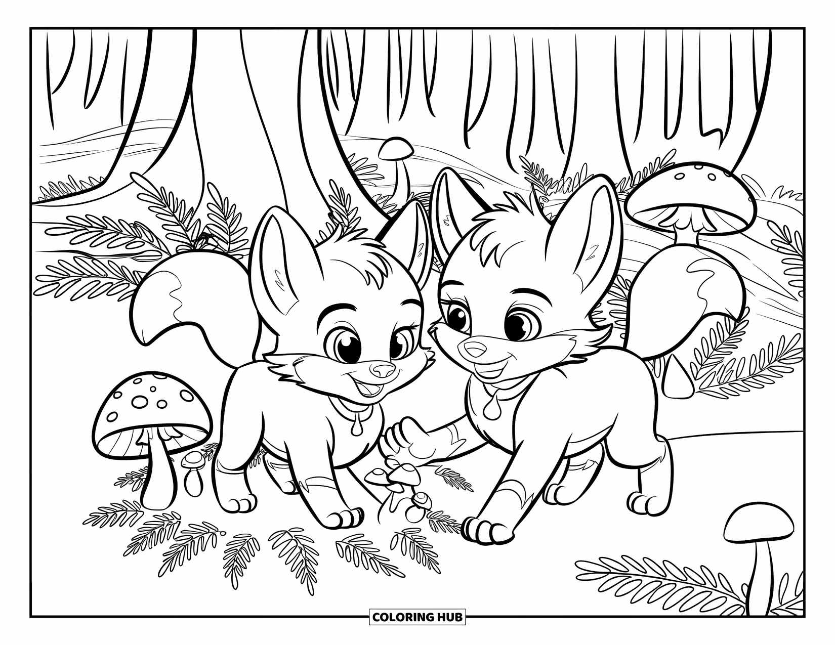 Baby Fox Coloring Page for Kids: Fluffy foxes wearing collars play near mushrooms and ferns in a forest