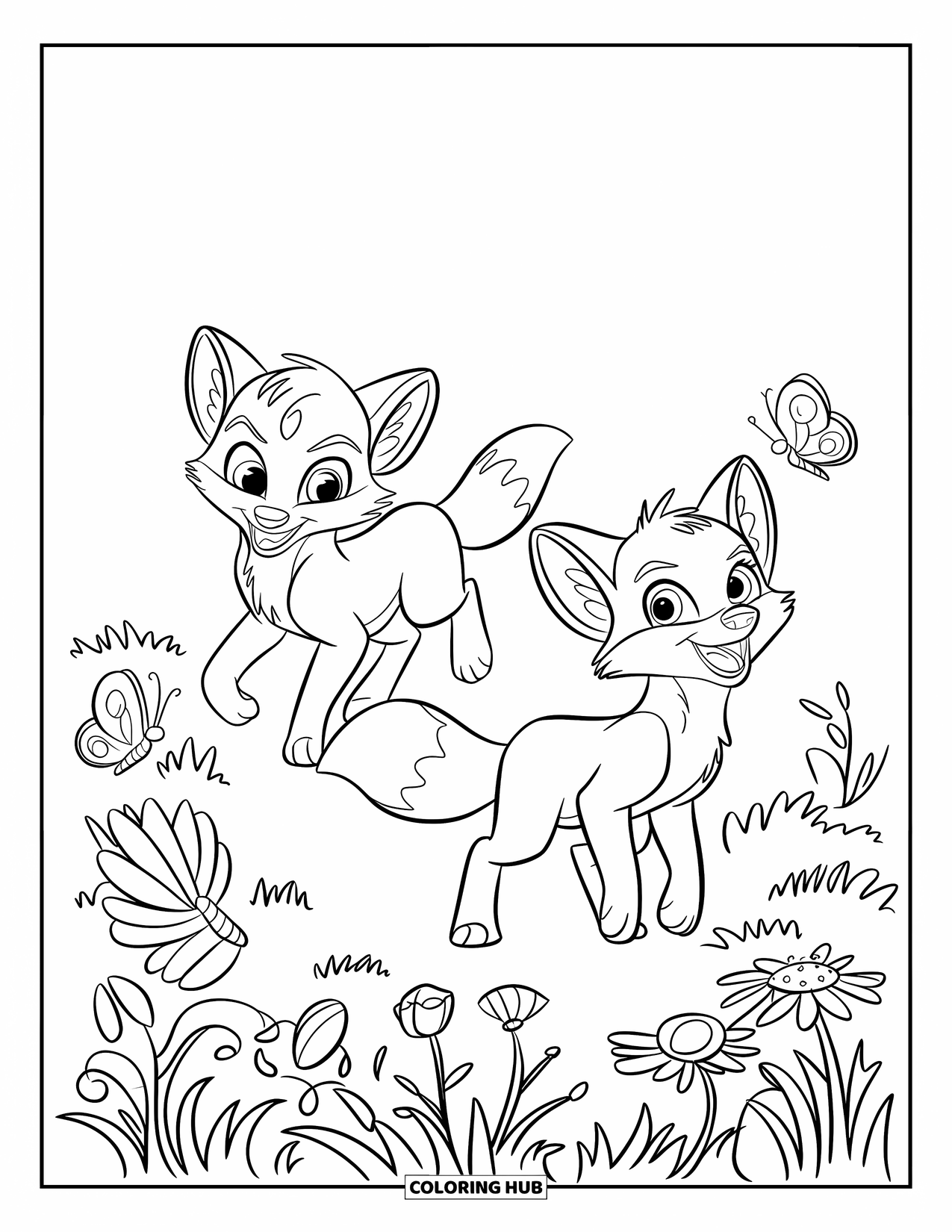 Baby Fox Coloring Page for Kids: Two baby foxes chase butterflies in a field filled with wildflowers