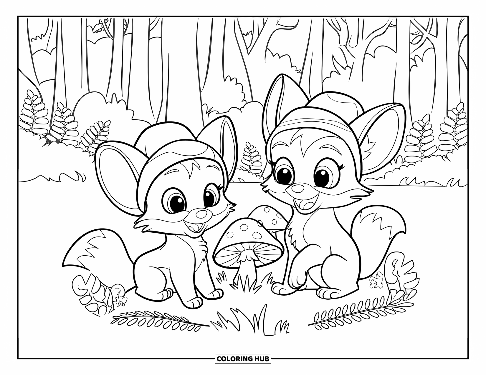 Baby Fox Coloring Page for Kids: Two baby foxes with hats play near mushrooms in a thick forest