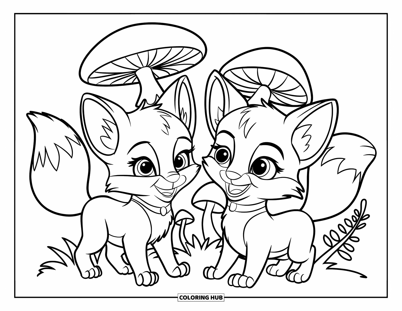 Baby Fox Coloring Page for Kids: Two playful baby foxes explore near mushrooms and ferns in the woods