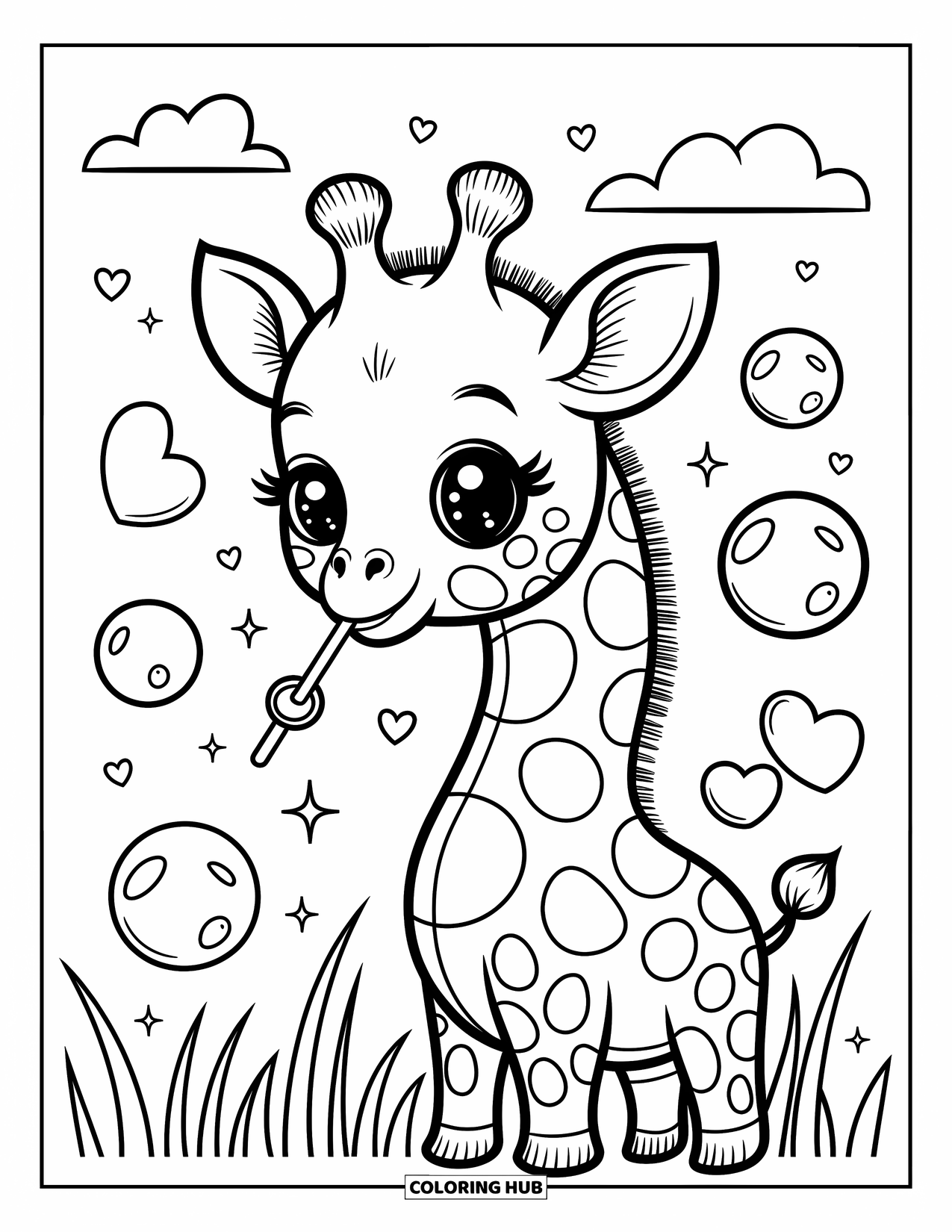Baby Giraffe Coloring Page for Adults: A baby giraffe blows bubbly hearts and stars while floating clouds and grass sway gently