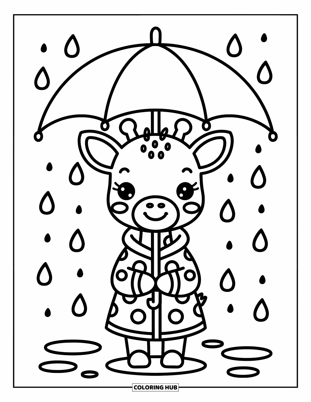 Baby Giraffe Coloring Page for Adults: A baby giraffe in a raincoat peeks out from under a big umbrella with falling raindrops