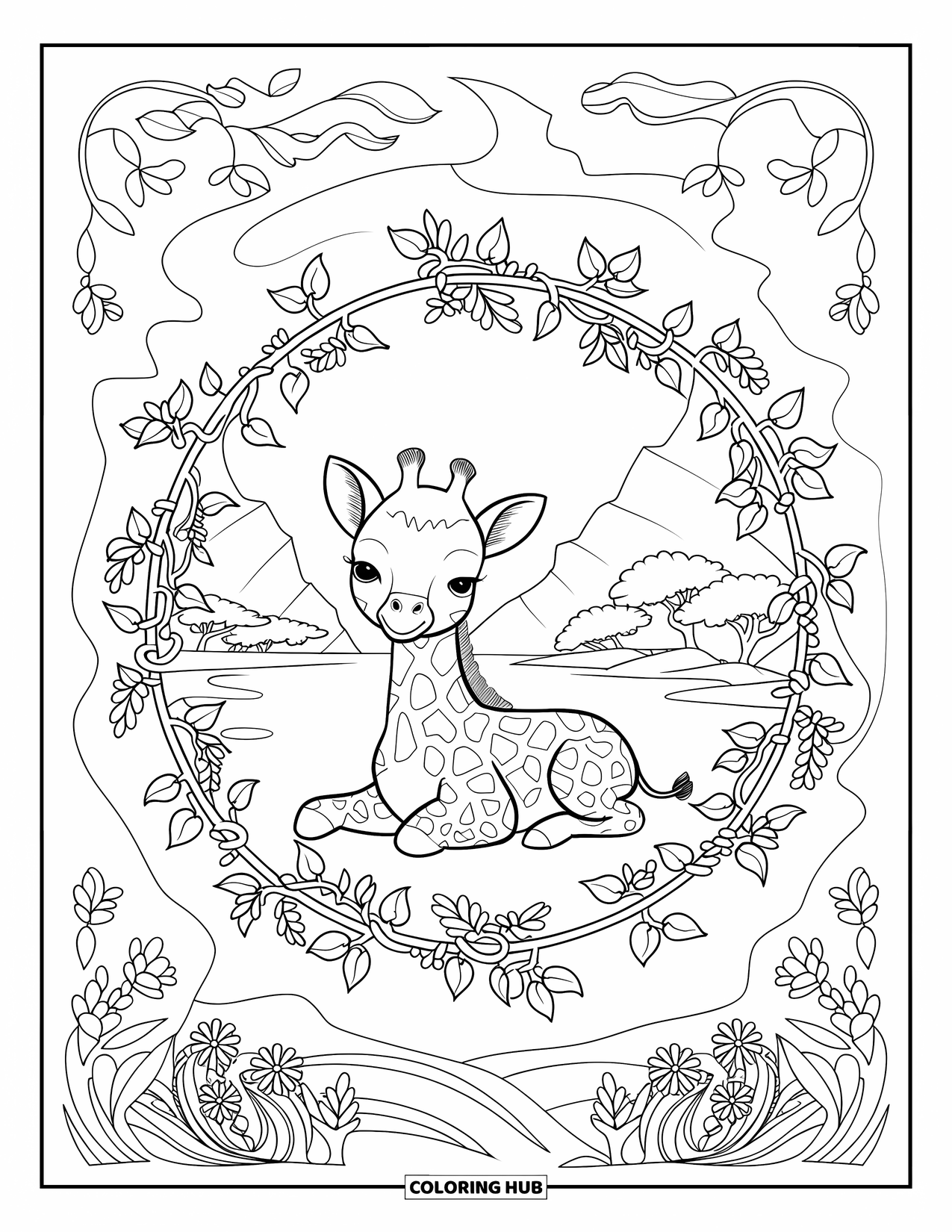 Baby Giraffe Coloring Page for Adults: A baby giraffe lies inside floral vines with mountains and trees in the background