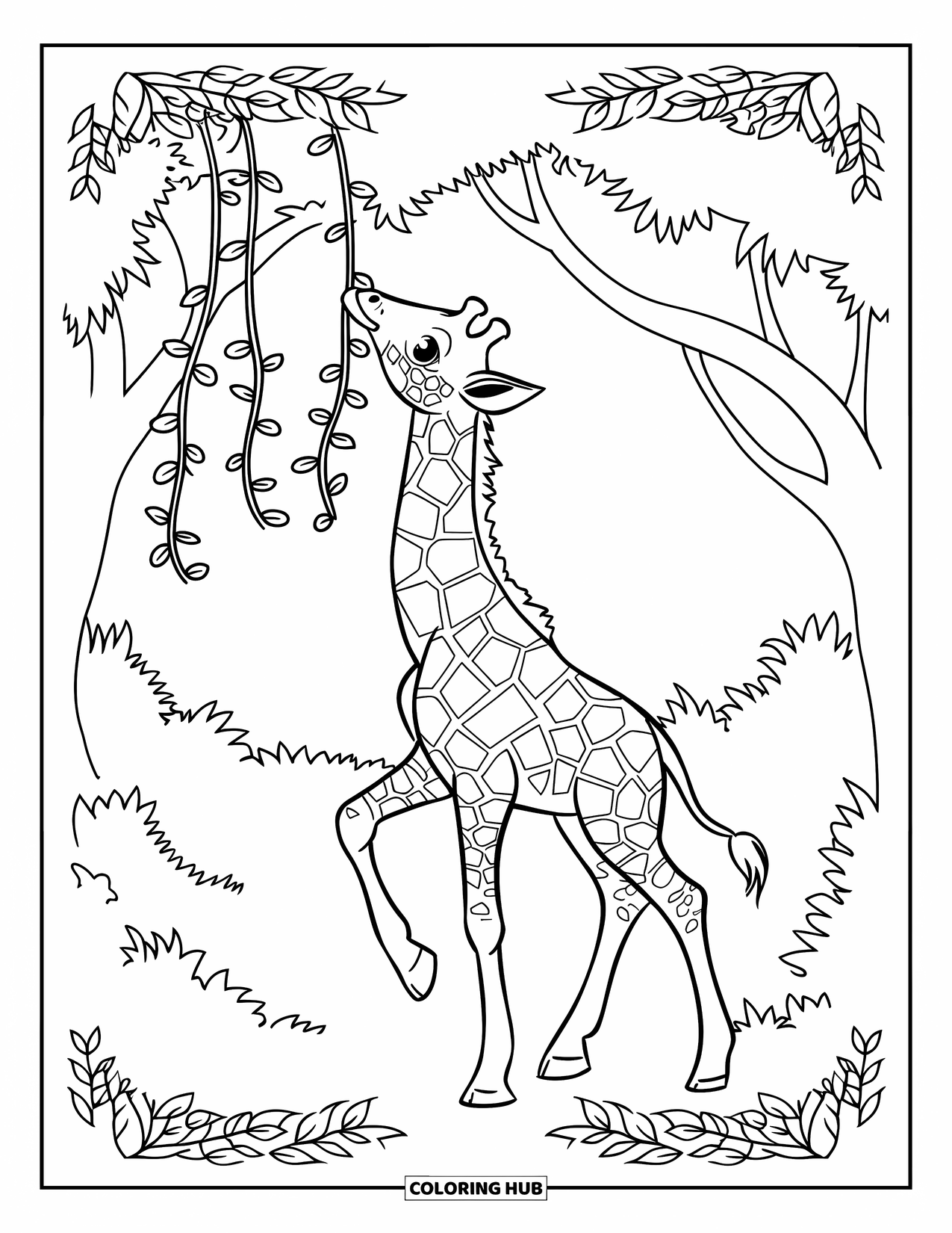 Baby Giraffe Coloring Page for Adults: A baby giraffe reaches for a vine in a forest filled with leafy patterns