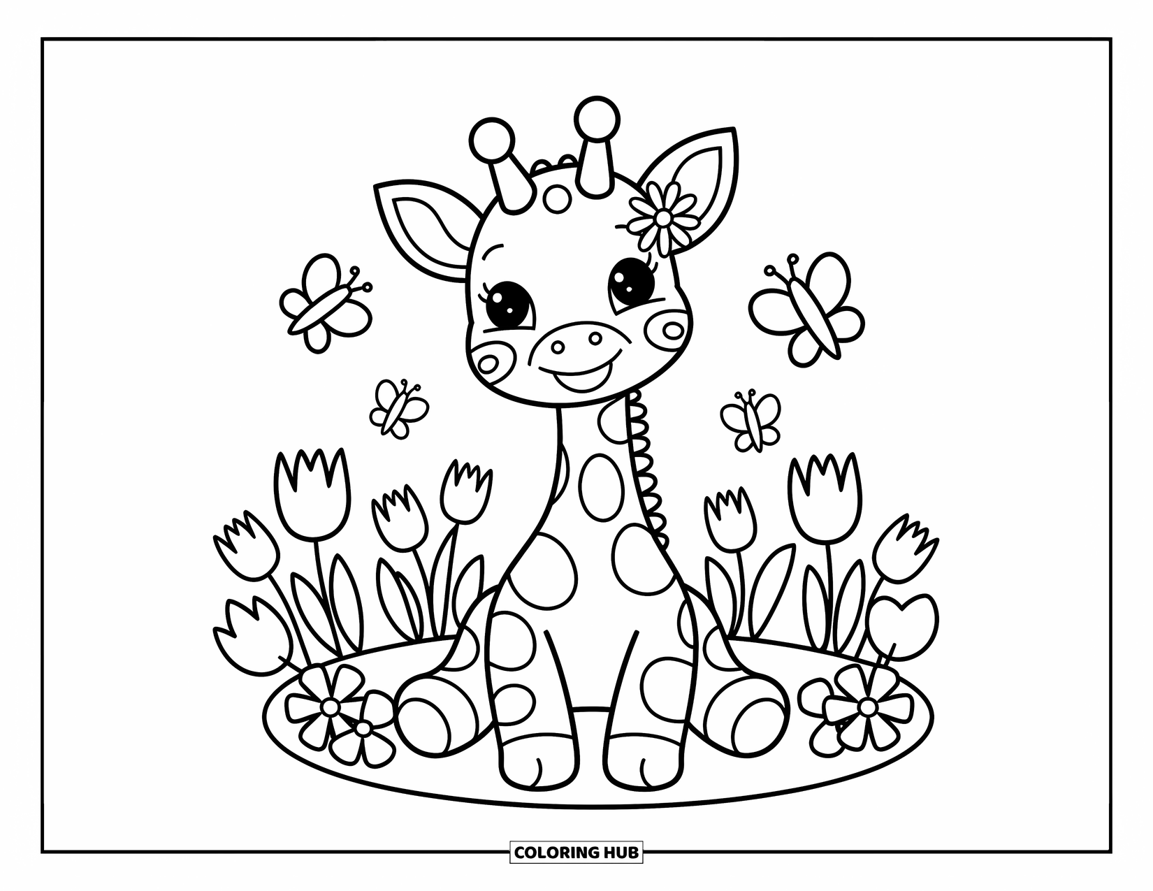 Baby Giraffe Coloring Page for Adults: A baby giraffe sits in a flower circle with butterflies and bees fluttering all around