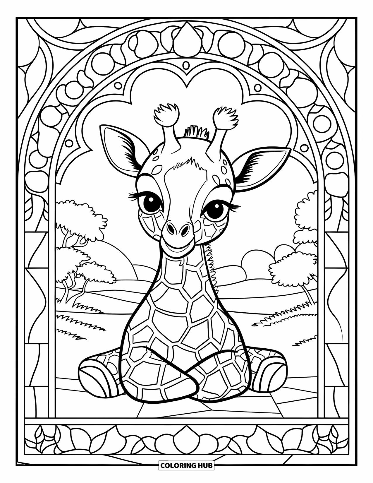 Baby Giraffe Coloring Page for Adults: A baby giraffe sits with tucked legs framed by stained-glass panels and natural scenery