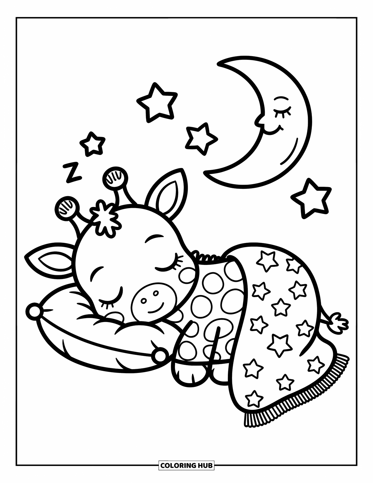 Baby Giraffe Coloring Page for Adults: A baby giraffe sleeps peacefully with a cozy blanket, watched over by a moon and stars