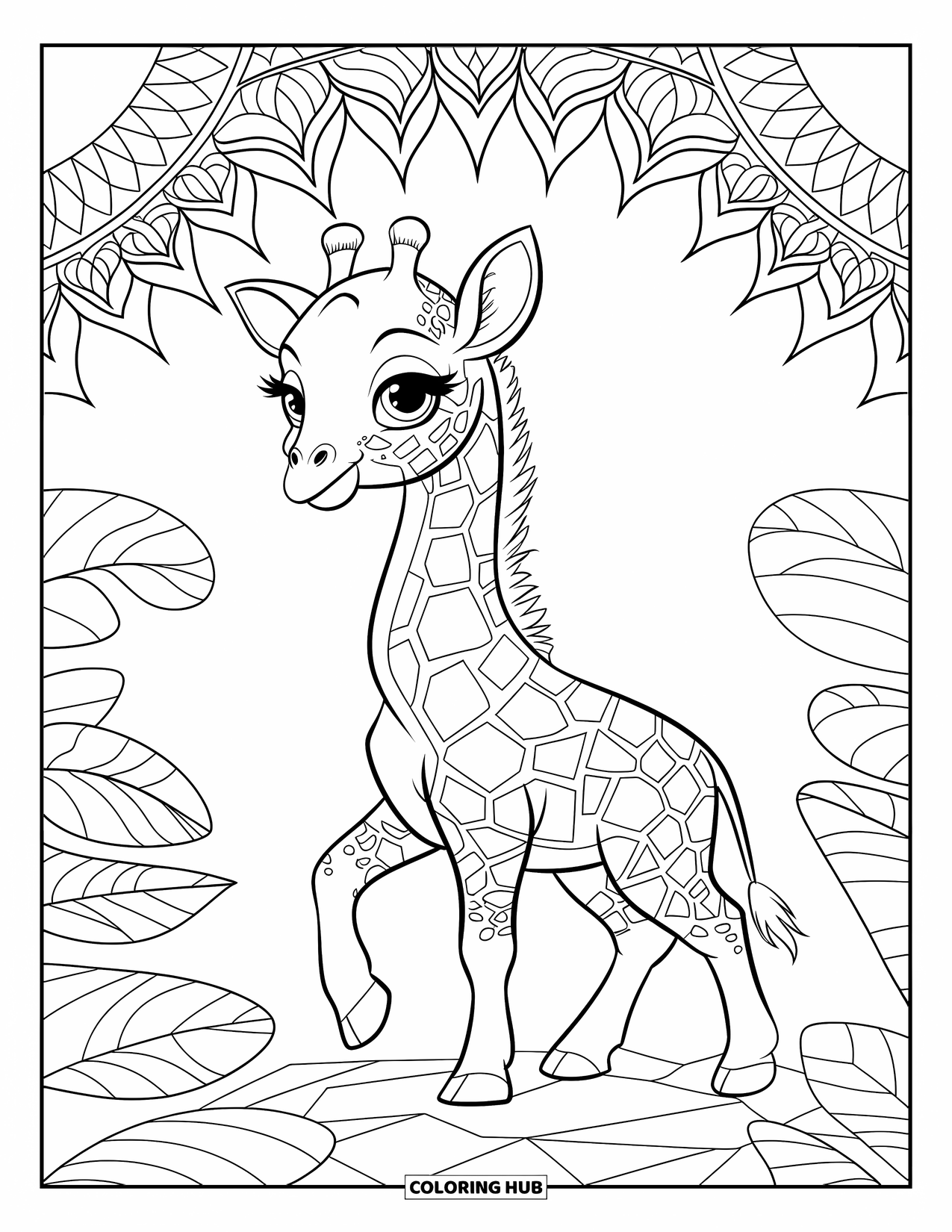Baby Giraffe Coloring Page for Adults: A baby giraffe stands on rocks framed by mandala rays and jungle foliage