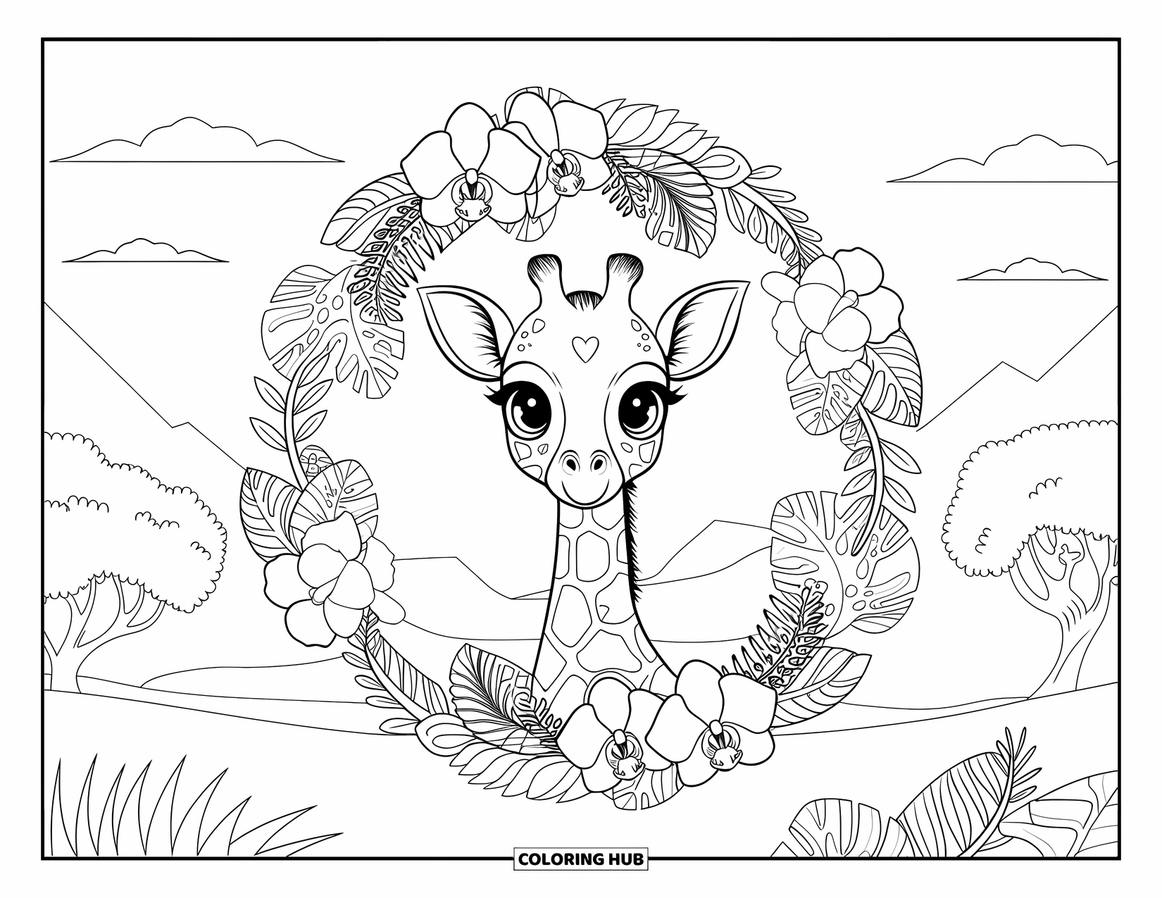 Baby Giraffe Coloring Page for Adults: A baby giraffe with a heart on its head rests in a tropical floral wreath