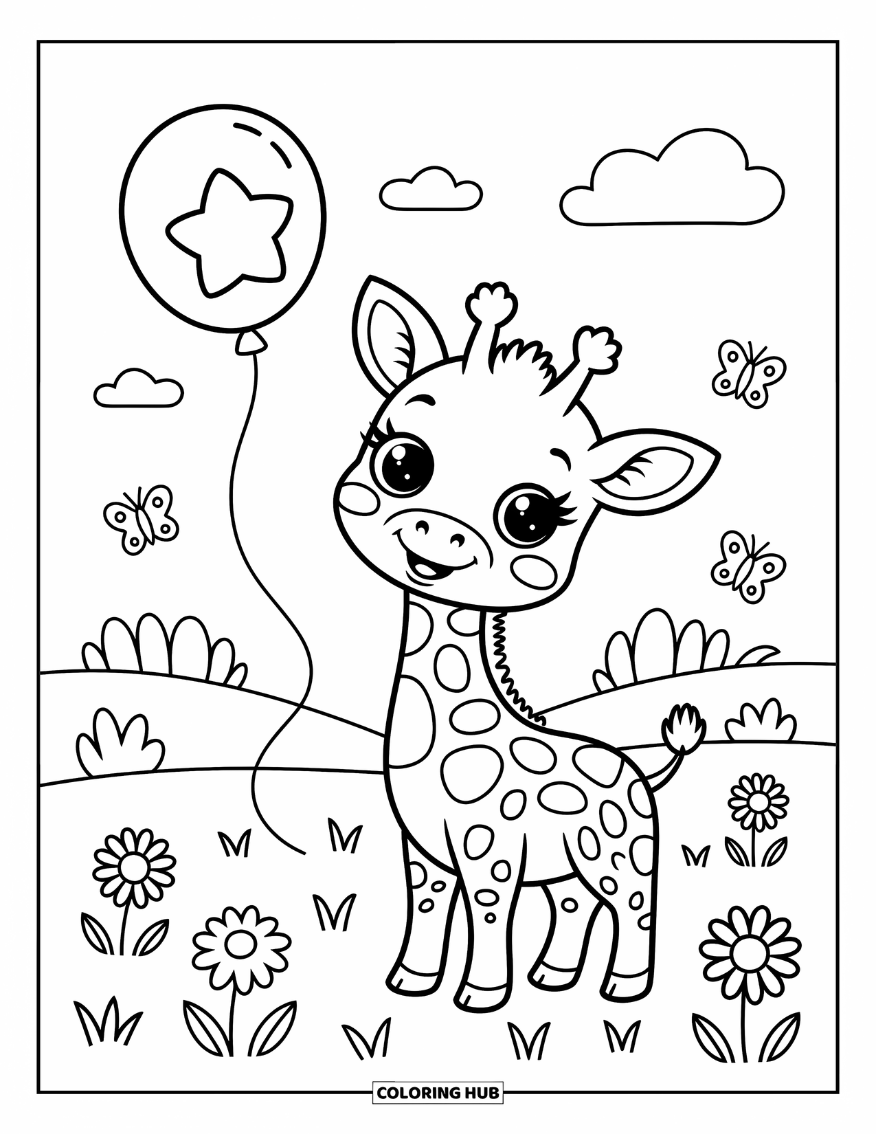 Baby Giraffe Coloring Page for Adults: A cheerful giraffe stands in flowers, holding a star balloon while butterflies dance around