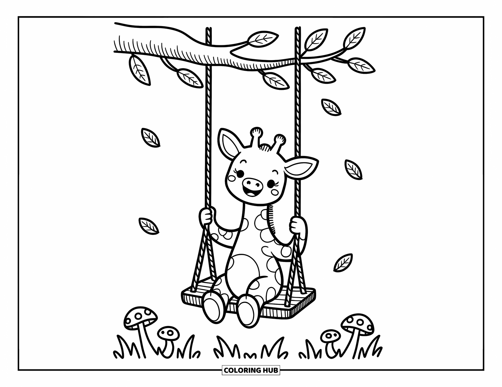 Baby Giraffe Coloring Page for Adults: A cheerful giraffe swings gently on a wooden swing with fluttering leaves and woodland critters