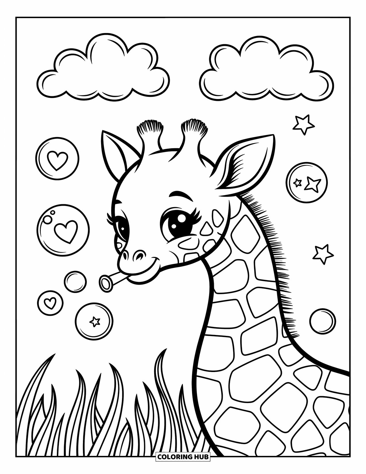 Baby Giraffe Coloring Page for Adults: A giraffe leans forward, blowing magical bubbles surrounded by clouds and curved blades of grass