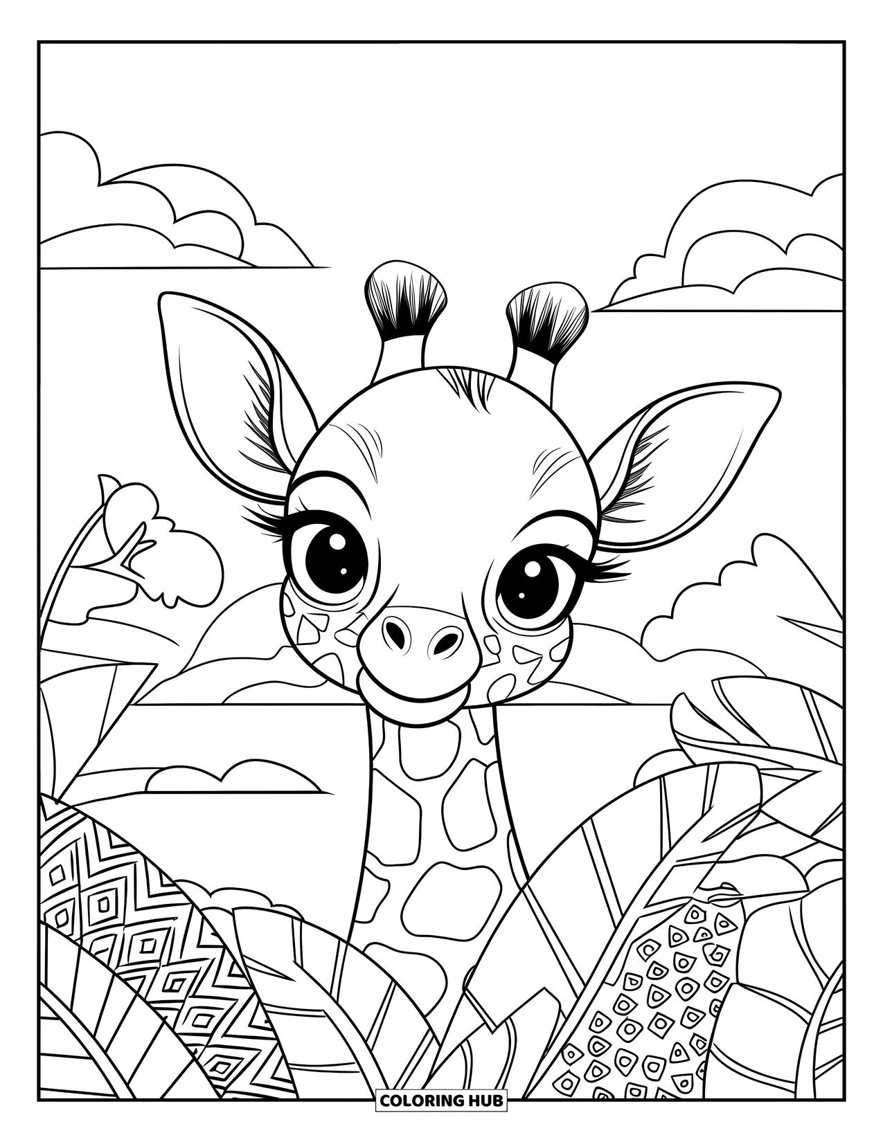 Baby Giraffe Coloring Page for Adults: A giraffe peeks behind tropical leaves with mountains and clouds in the distance