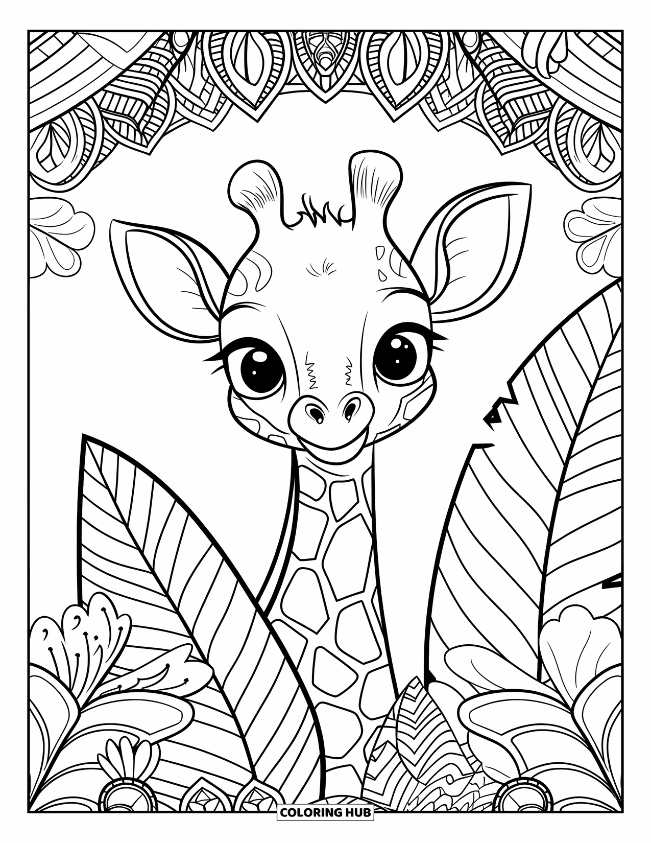 Baby Giraffe Coloring Page for Adults: A giraffe peeks out from behind tropical leaves with patterned mandala-style borders