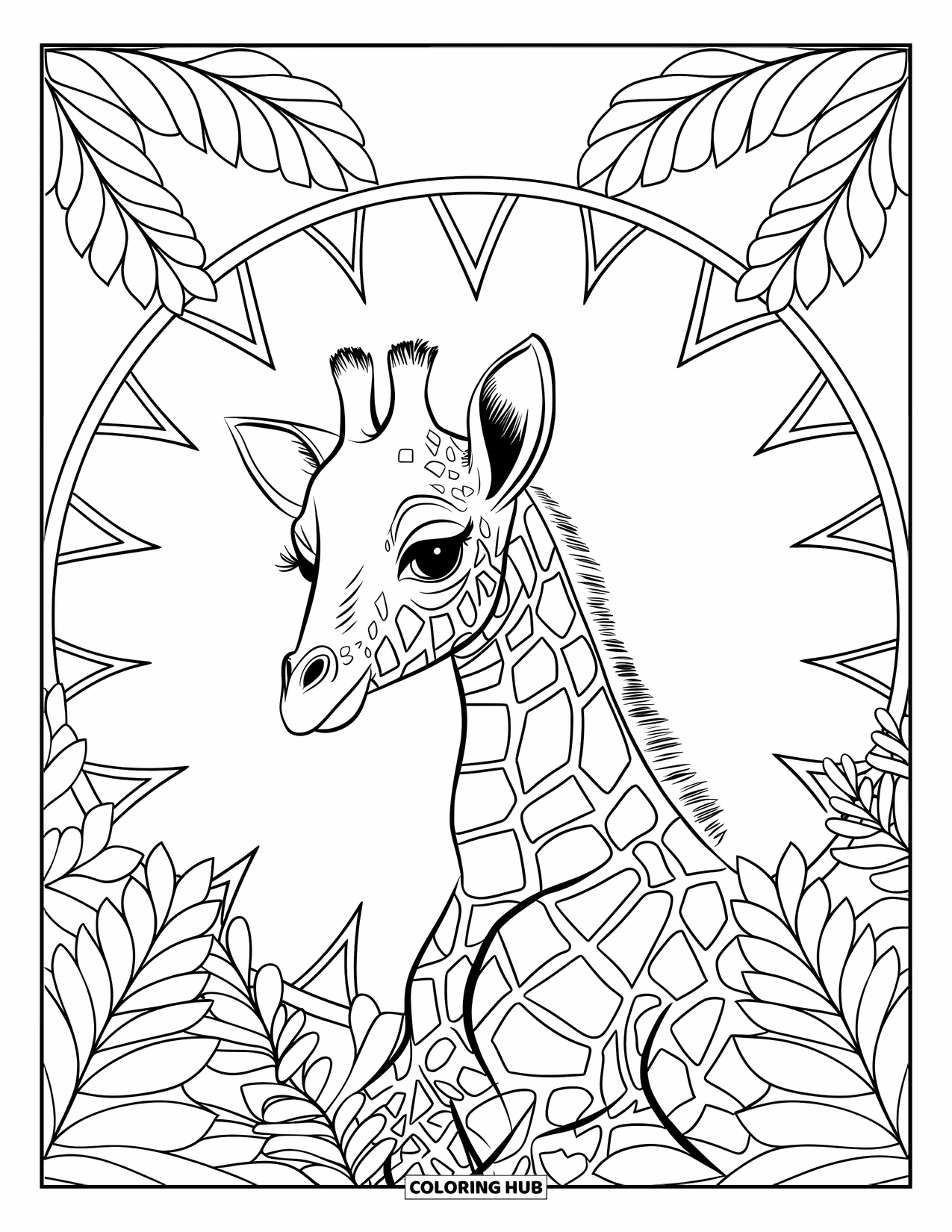 Baby Giraffe Coloring Page for Adults: A giraffe poses sideways framed by mandala rays and jungle leaves