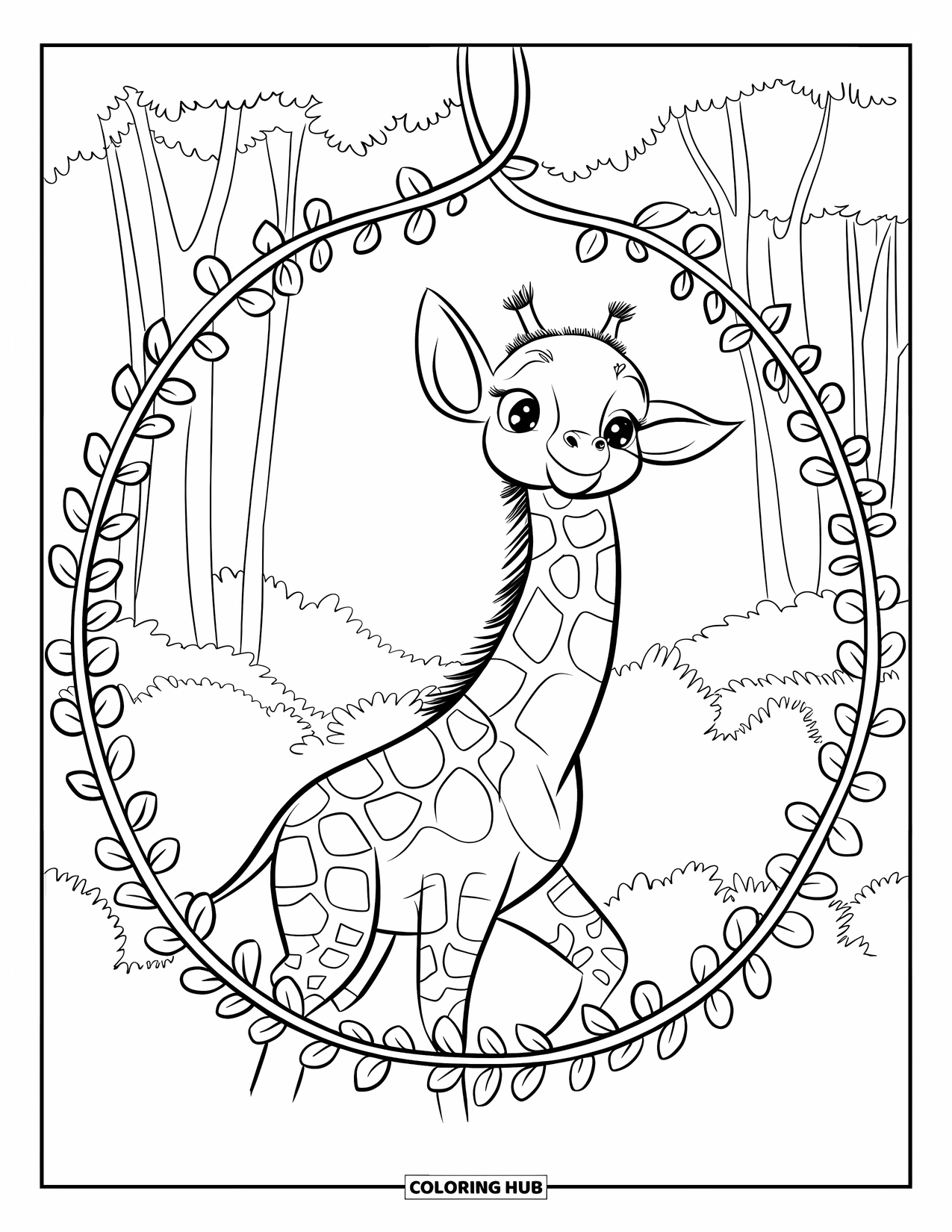 Baby Giraffe Coloring Page for Adults: A giraffe reaches for a vine surrounded by leafy borders and forest patterns
