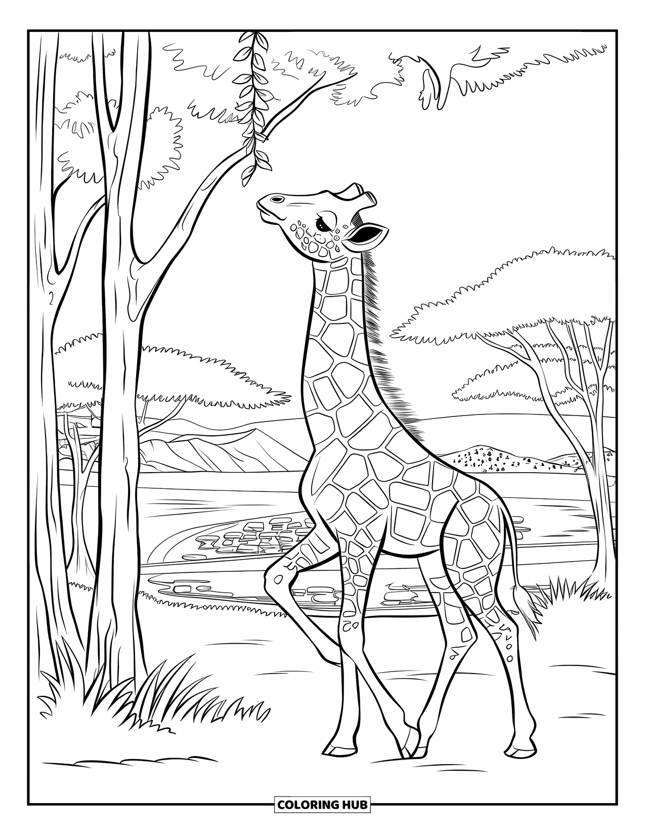 Baby Giraffe Coloring Page for Adults: A giraffe reaches up in a scenic savannah with trees, water, and distant mountains
