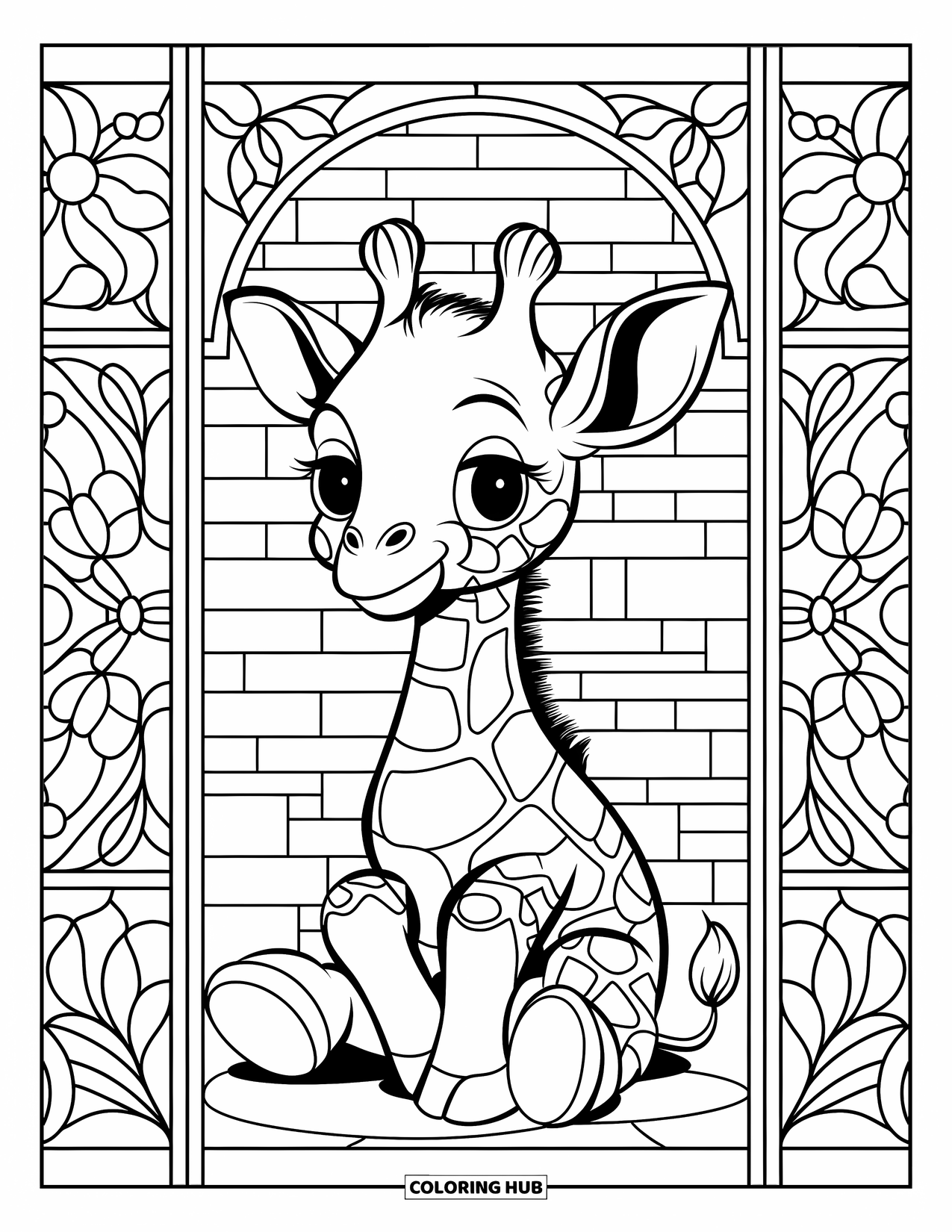 Baby Giraffe Coloring Page for Adults: A giraffe sits in front of stained-glass panels filled with floral and leaf patterns