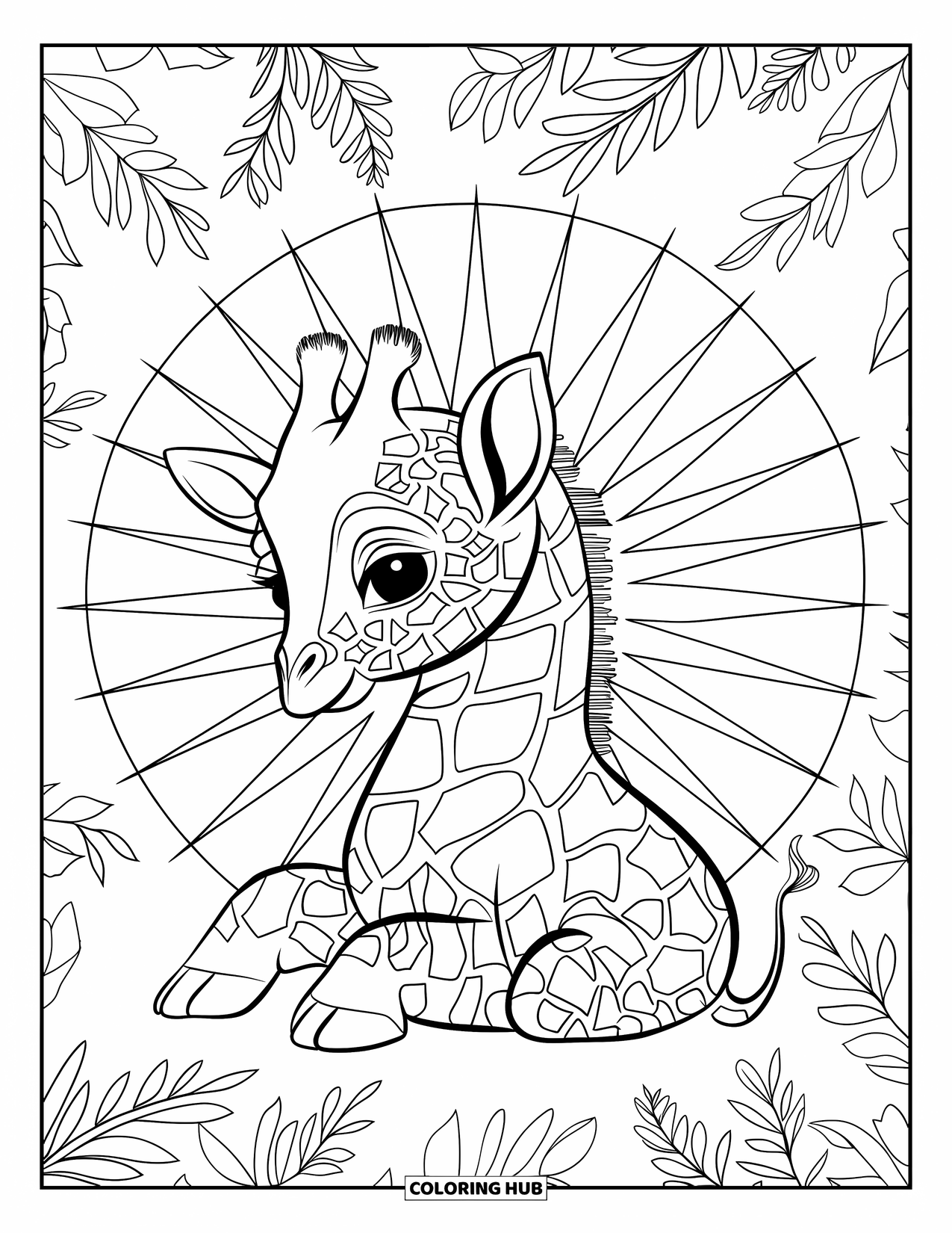 Baby Giraffe Coloring Page for Adults: A giraffe stands calmly with sunburst mandala rays and jungle leaves behind it