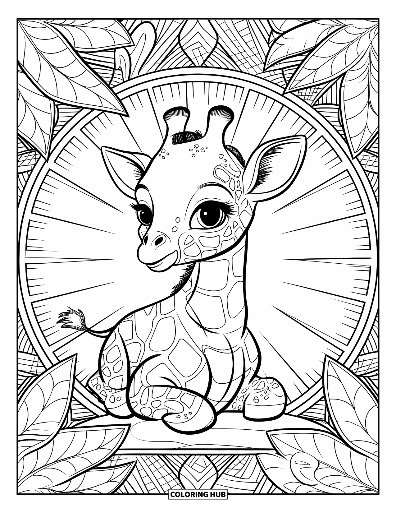 Baby Giraffe Coloring Page for Adults: A giraffe stands sideways with jungle leaves and mandala rays behind it