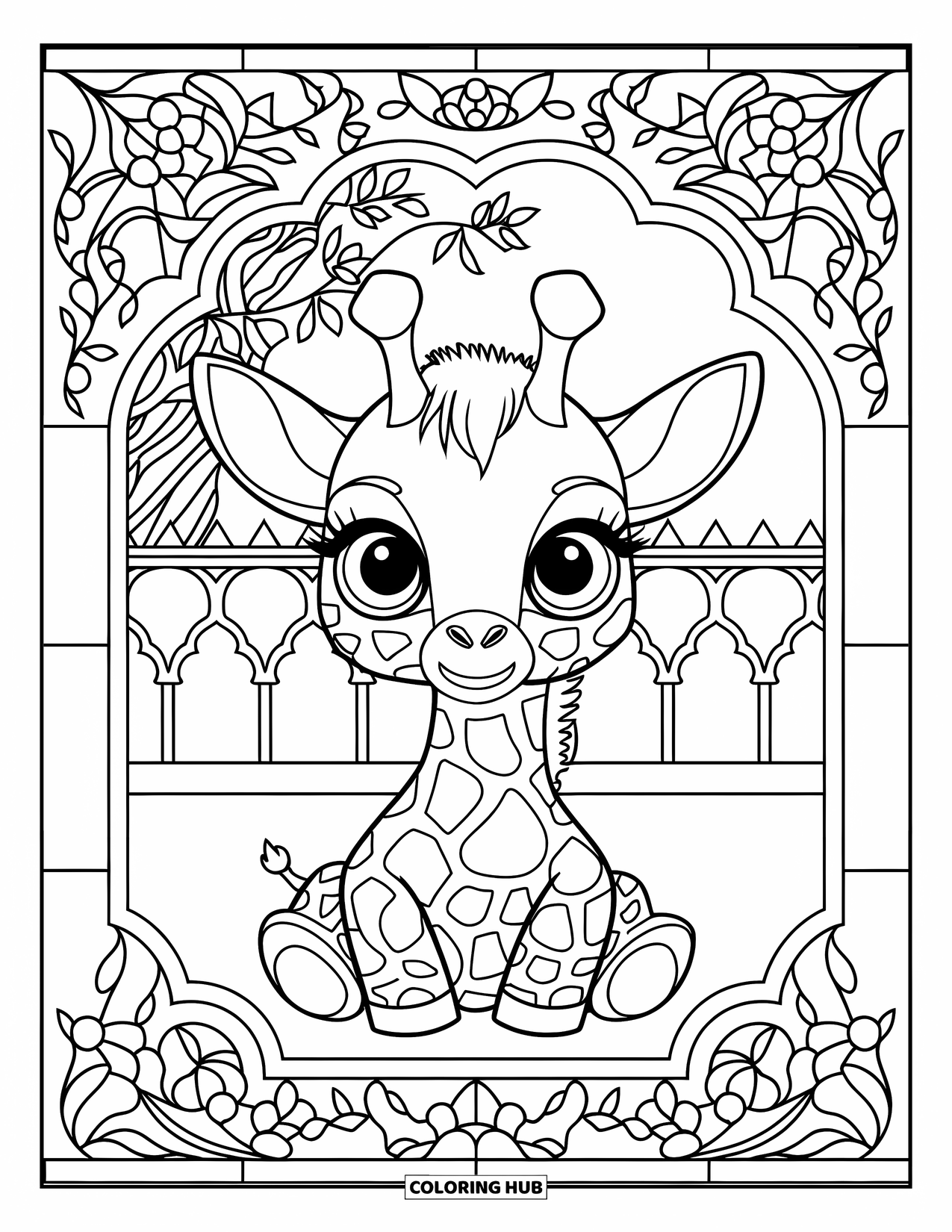 Baby Giraffe Coloring Page for Adults: A giraffe with fluffy hair sits beside a tree and arches framed by stained-glass panels