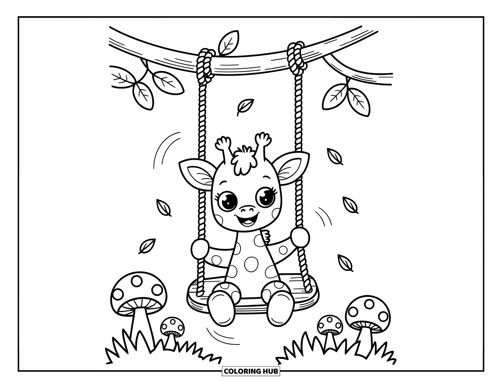 Baby Giraffe Coloring Page for Adults: A happy giraffe sways in a swing above a cozy forest floor with playful mushrooms and bugs