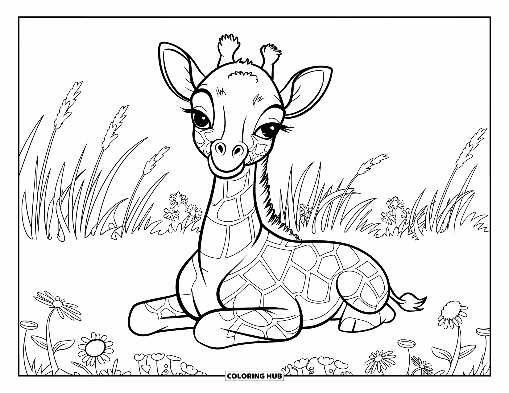 Baby Giraffe Coloring Page for Kids: A baby giraffe lies quietly in a wildflower-filled field with tall grass behind