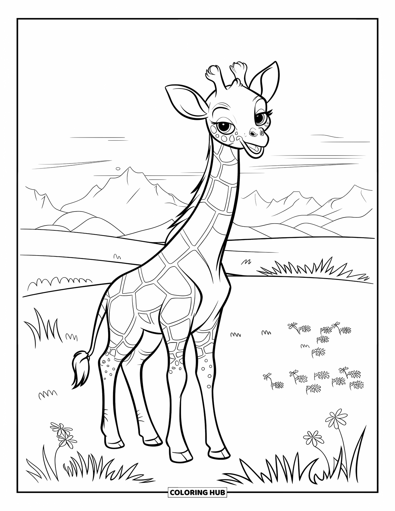 Baby Giraffe Coloring Page for Kids: A baby giraffe lifts its head in a flower field near mountains and sunset sky