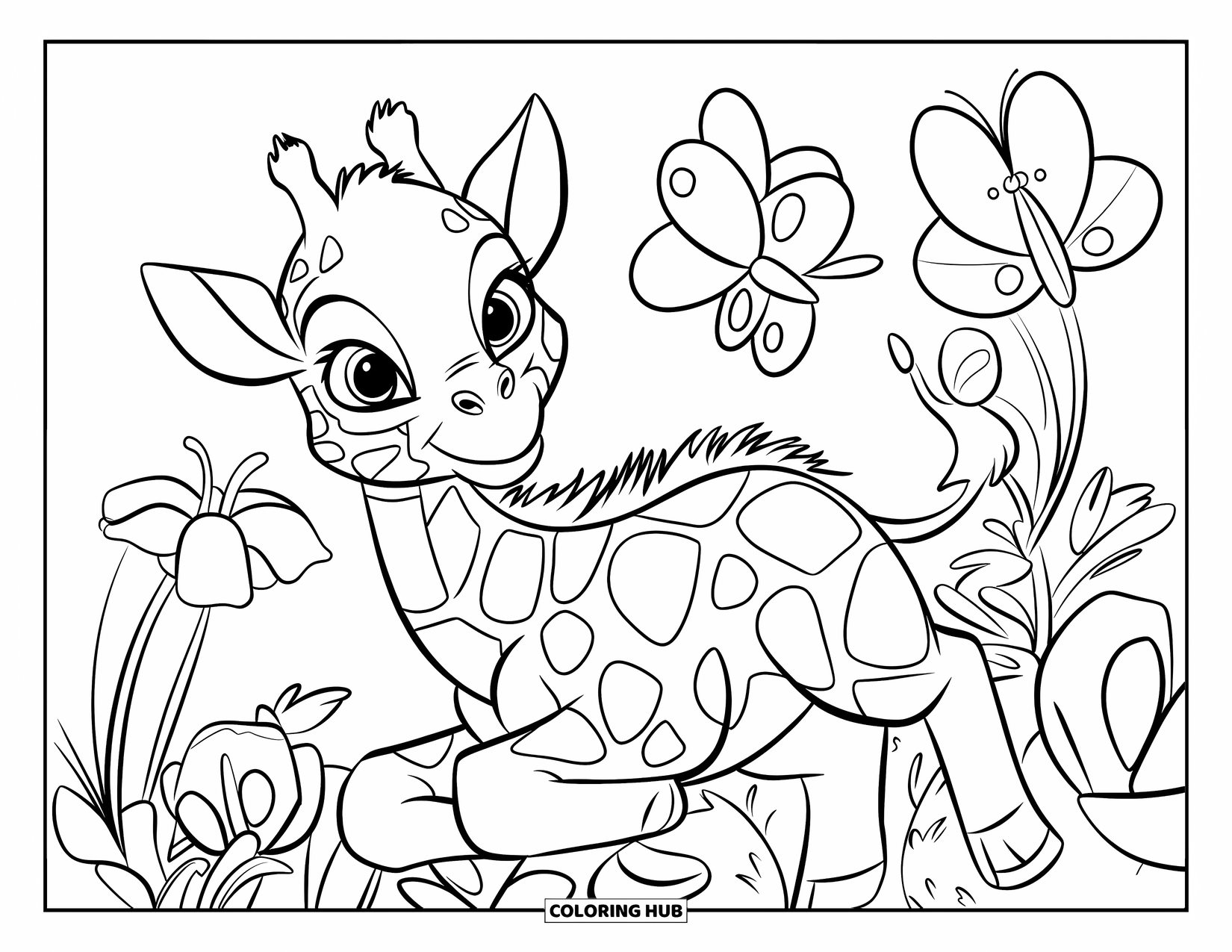 Baby Giraffe Coloring Page for Kids: A baby giraffe plays beside giant flowers and fluttering butterflies in a garden