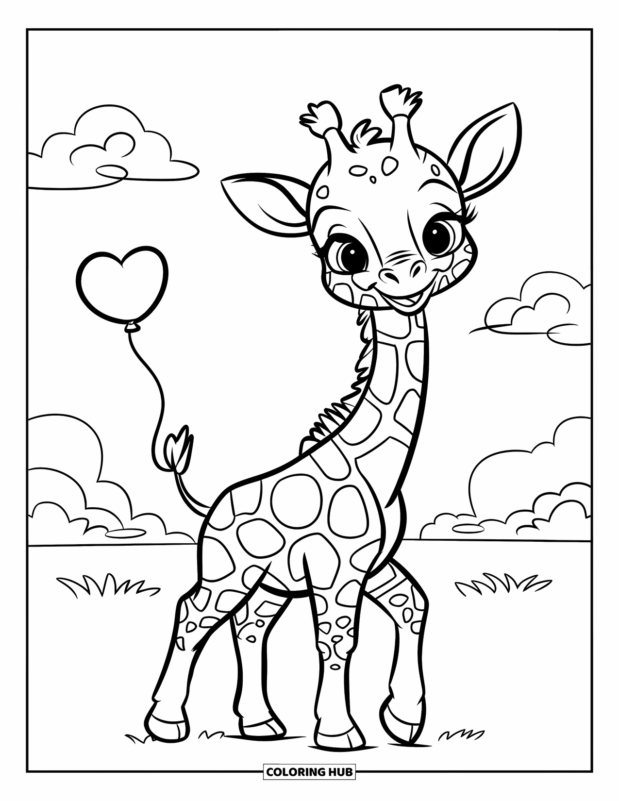 Baby Giraffe Coloring Page for Kids: A baby giraffe smiles with a heart balloon tied to its tail