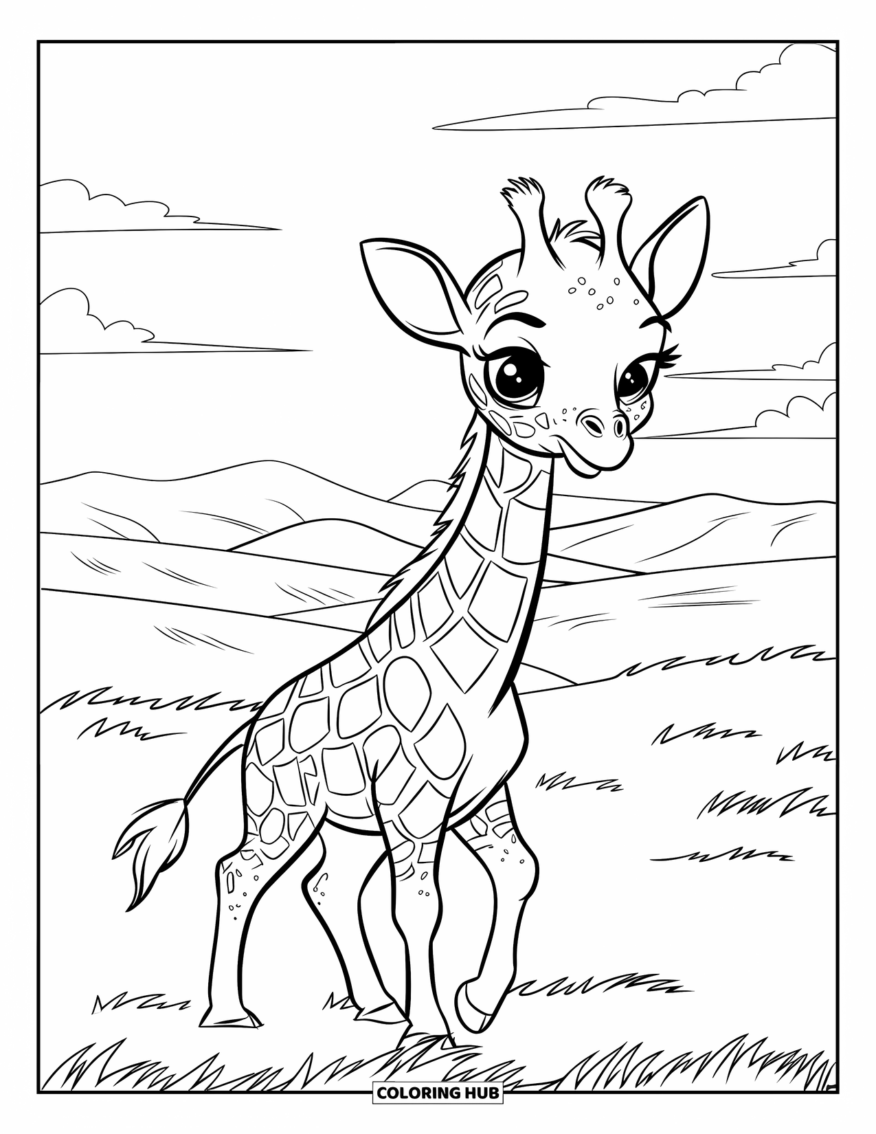 Baby Giraffe Coloring Page for Kids: A baby giraffe stands in a quiet field with distant mountains and a peaceful sky