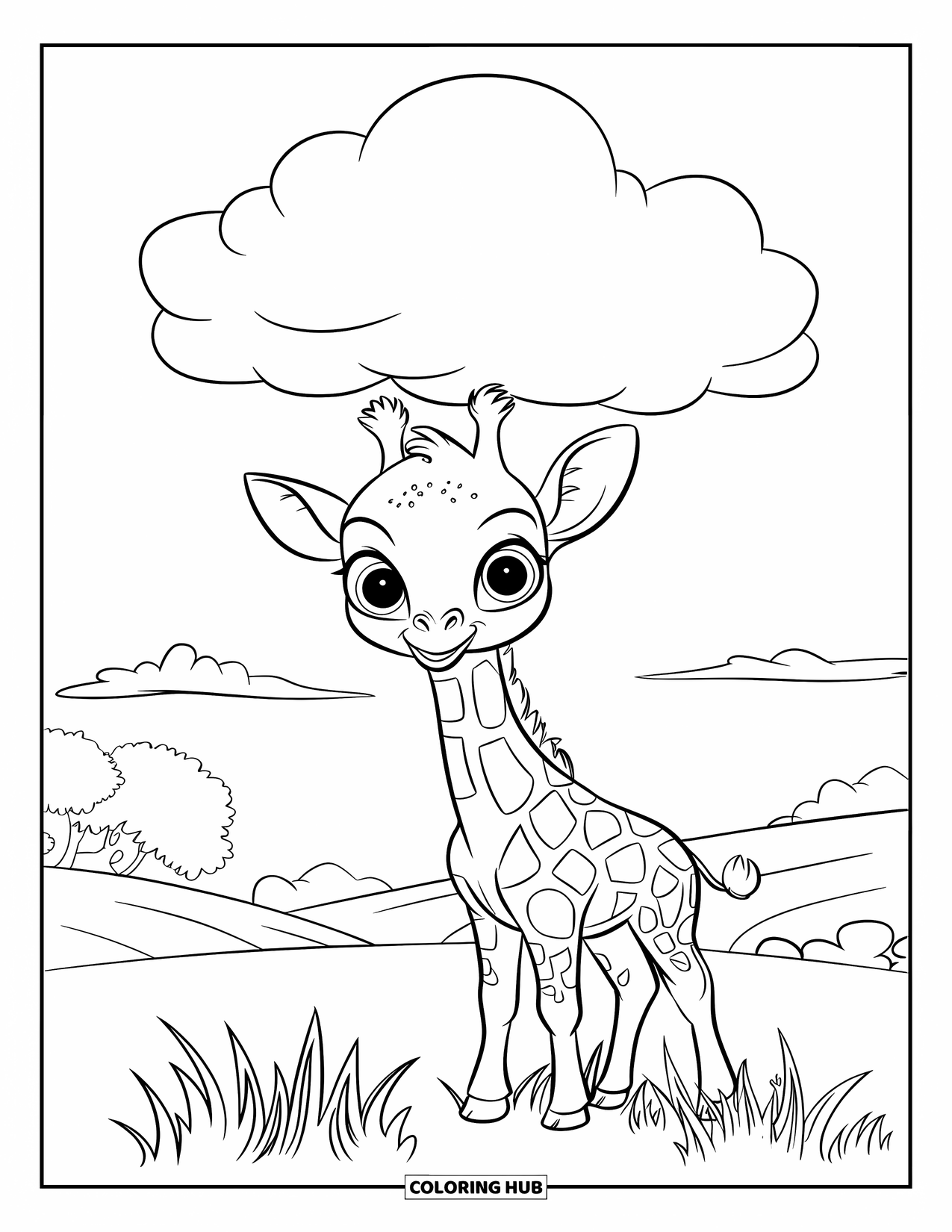 Baby Giraffe Coloring Page for Kids: A baby giraffe stands under a puffy cloud in a grassy field