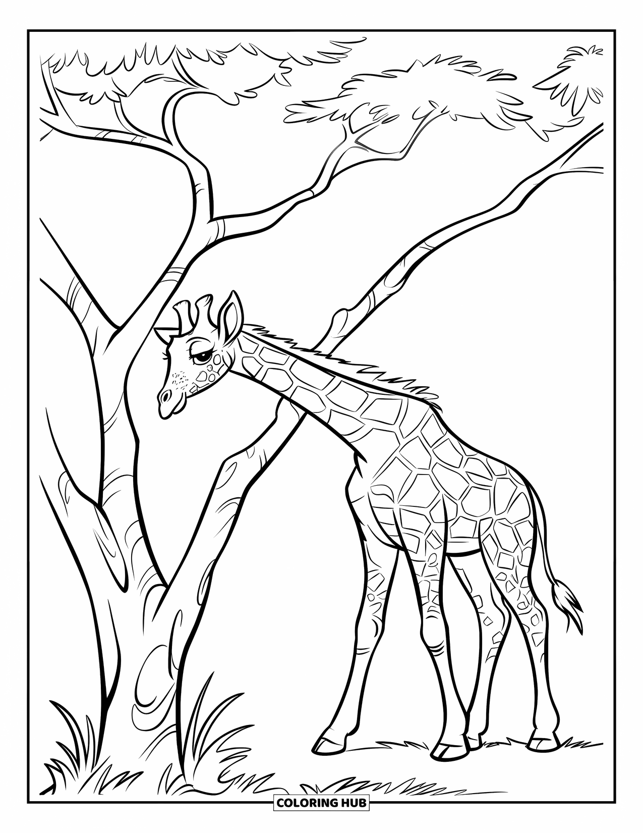Baby Giraffe Coloring Page for Kids: A baby giraffe stretches up in a savannah under clear skies and scattered leaves